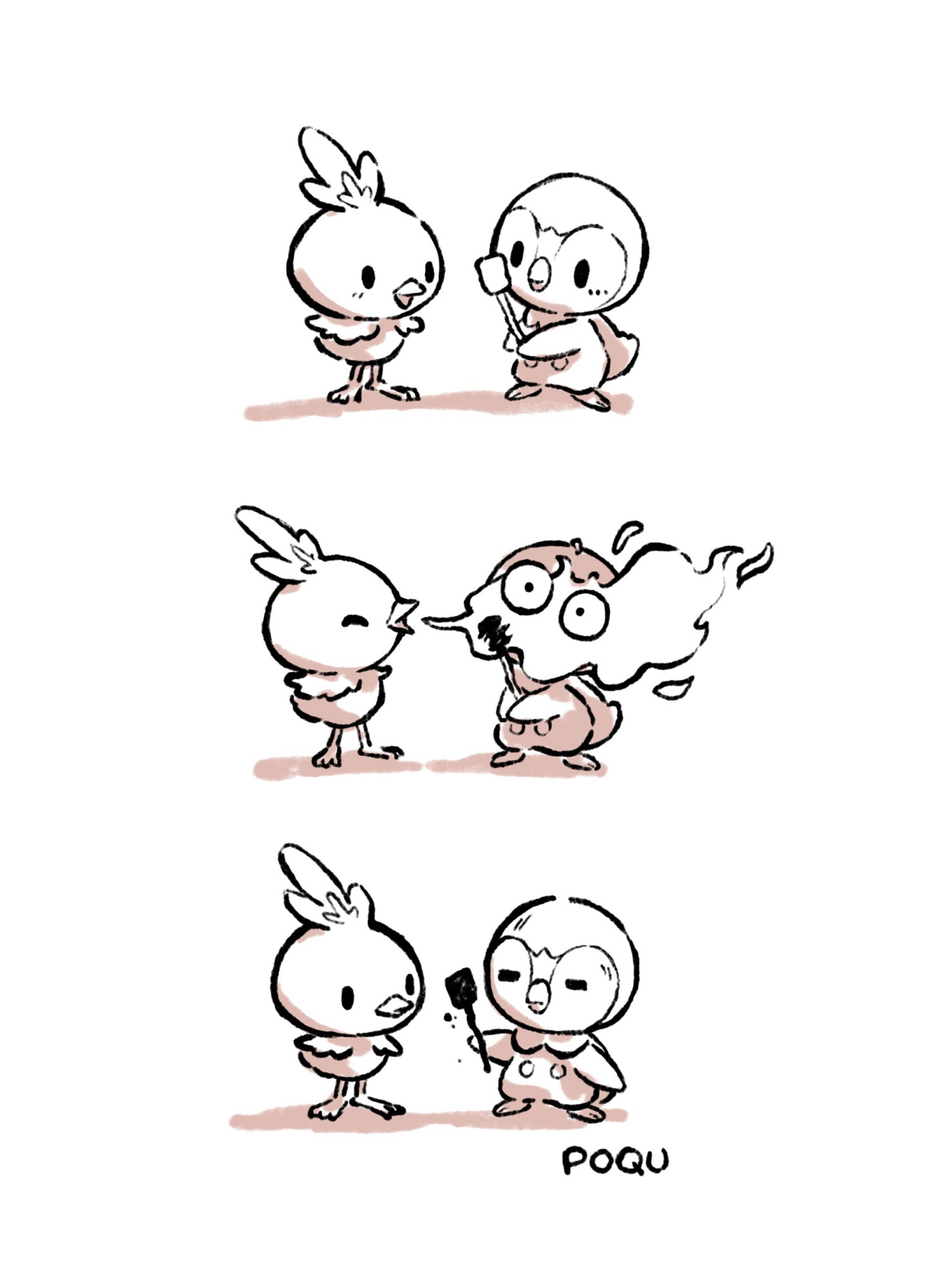 3 small drawings of piplup and torchic: 1: piplup is holding a marshmallow on a stick in front of torchic. they are excited about it. 2: torchic happily uses a flamethrower on piplup and the marshmallow, covering them in the fire. 3: piplup is annoyed holding  the completely burnt marshmallow and stick. torchic is a little confused.