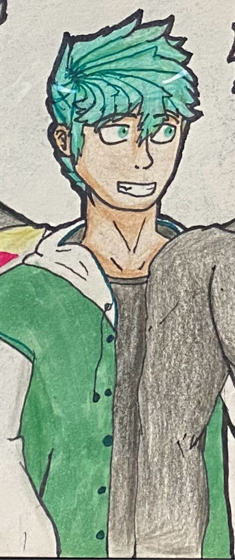 Izaiah’s current appearance after his reincarnation: He has Teal Hair, Jade eyes, tanned skin and wears a sea green hooded letterman jacket with sleeves and hood, over a black T-shirt