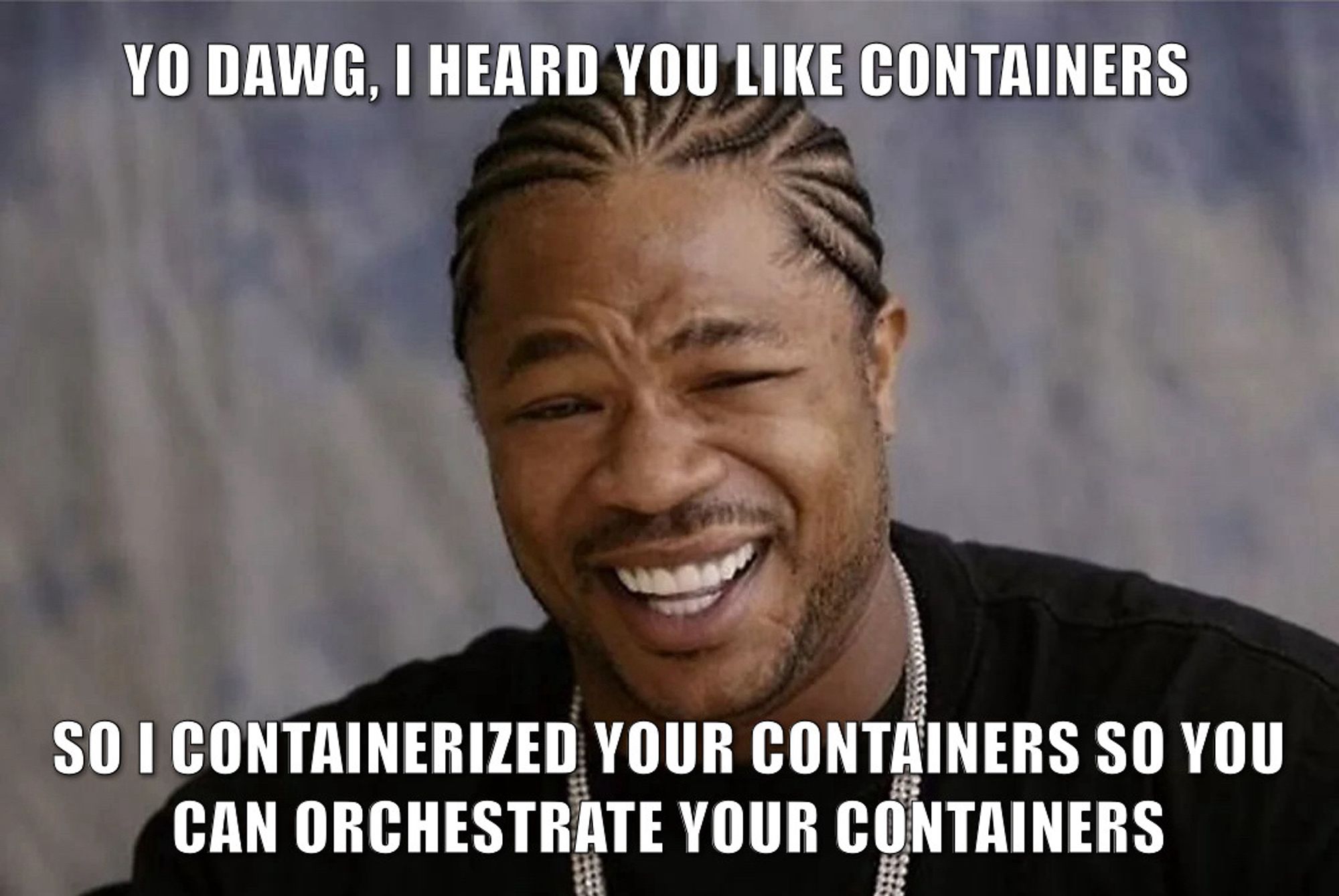 Xzibit meme format:
Top text: Yo dawg, I heard you like containers 
Bottom text: So I containerized your containers so you can orchestrate your containers