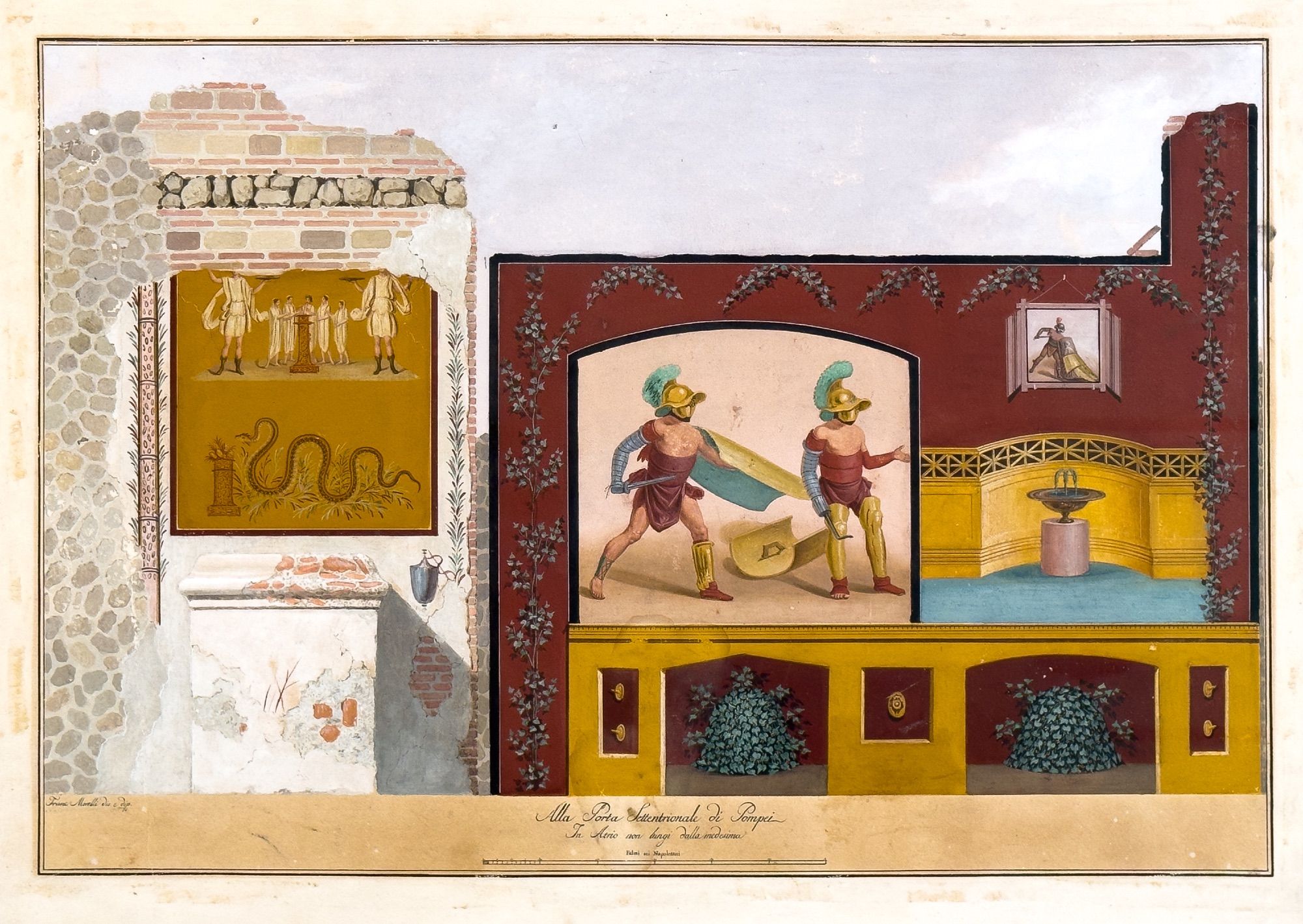 Brightly colored print from a painting, depicting a lararium on the left and a fresco with gladiators on the right. The lararium consists of a white stucco background on the altar and the wall behind it, which has a fresco of the Lares (household gods) and the red agathodaemon (crested snake) about to eat an egg, all on a yellow background. The main fresco on the right has a deep red background with ivy garlands, and ivy topiary at the bottom, within a bright yellow bench-like structure. Atop that is a framed painting of two gladiators in golden helmets with blue-green feathered crests and short red tunics. One gladiator, on the right, has thrown down his shield while holding a hook, the other on the left is aggressively moving forward with a sword and shield. The gladiator on the right seems to be gesturing towards someone outside the frame to our right. On the right is a dish-style fountain enclosed with a curved yellow garden wall below a framed painting of another gladiator.