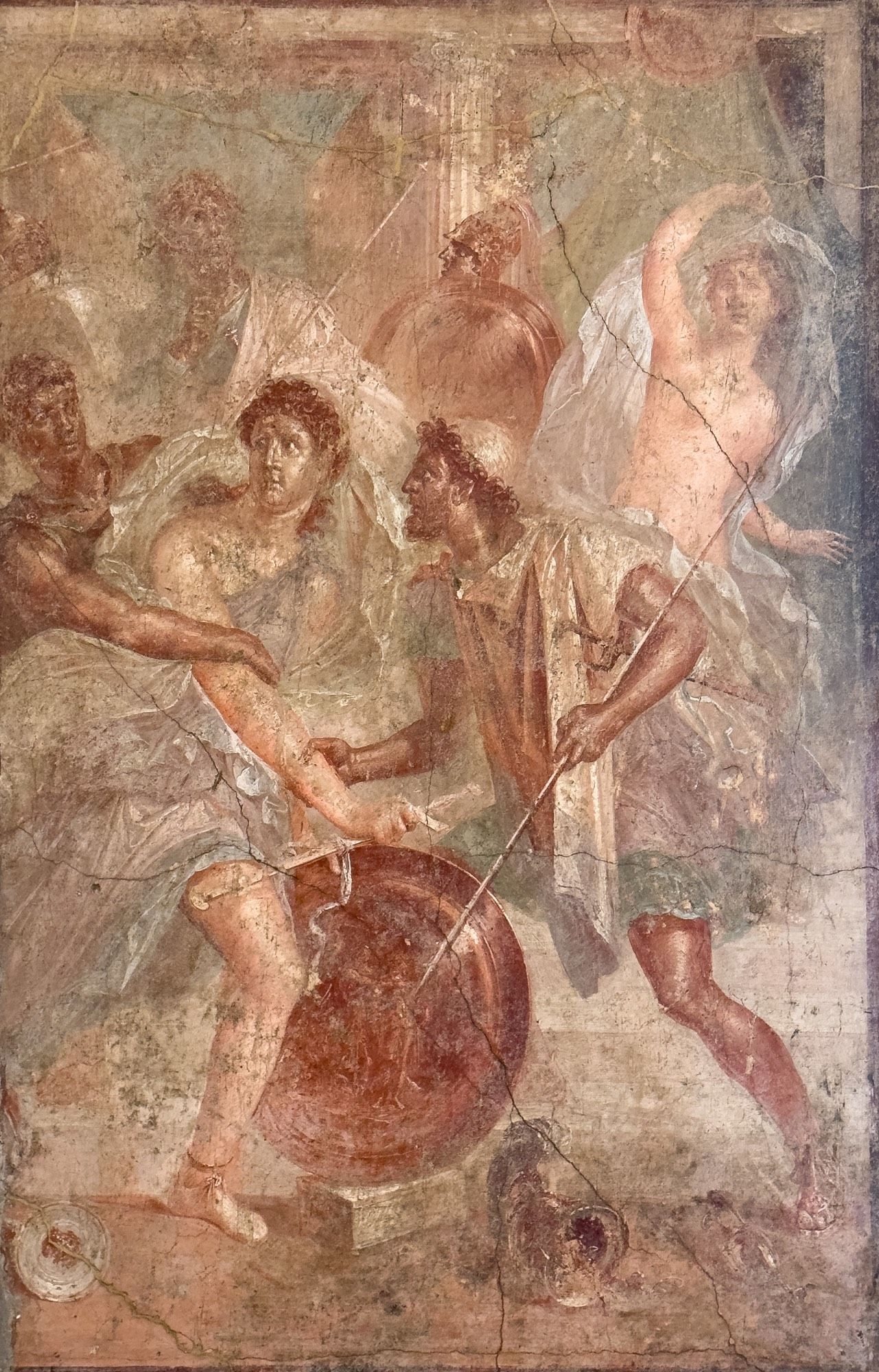 Fresco panel depicting the discovery of Achilles in the women’s quarters of the palace of the king of Skyros. He’s hiding from the prophesy that says if he fights in the Trojan War, Troy will fall, but he will die - and therefore he’s dressed as a woman (not very convincingly, although he’s painted his face white). Ulysses and another Greek soldier grab Achilles, who has reached for his shield. Gorgeous work on the metals in this scene - the shields, helmets, et al. 

House of the Dioscuri, Pompeii. 
Museo Archeologico Nazionale di Napoli (MANN inv. 9110)