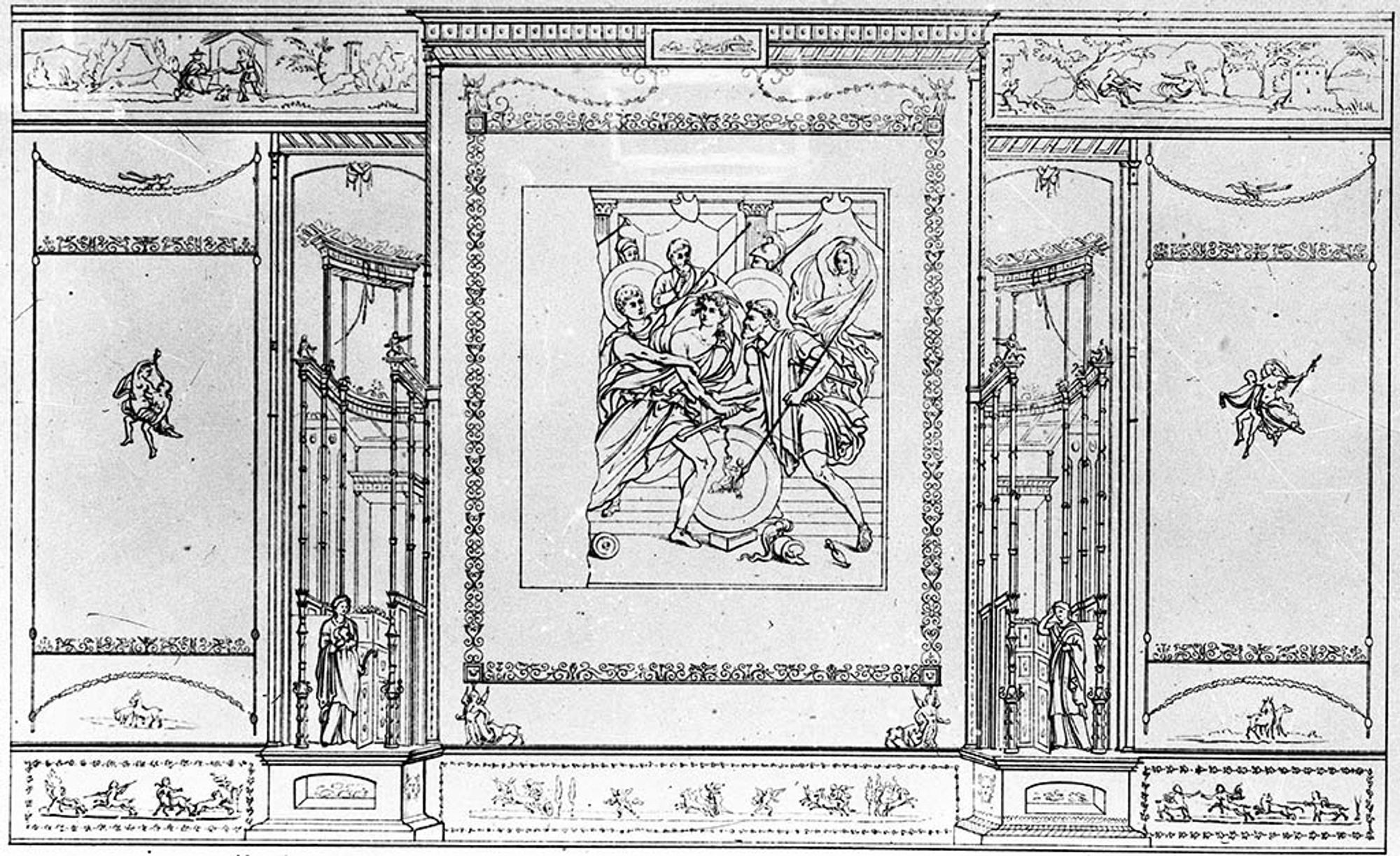 Black technical line drawing on white paper, showing how the large painting of Achilles on Skyros was in a middle framed space, flanked on either side by panels with architectural elements, then panels with floating maenads and satyrs. 

Photo by Tatiana Warscher. Photo © Deutsches Archäologisches Institut, Abteilung Rom, Arkiv.

See Niccolini F, 1854. Le case ed i monumenti di Pompei: Volume Primo. Napoli. Tav. 6.

Courtesy of PompeiiInPictures.com