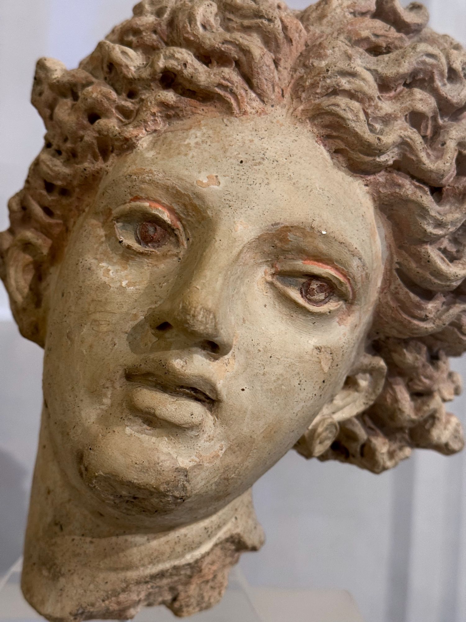 Pale terracotta face of a woman turning her head to her left, her wavy hair whipping back in an unseen wind, her lips slightly parted. Visible traces of her original pigments can be seen on her pink eyelids, her dark irises, and the reddish-pink of her hair. 

National Etruscan Museum, Villa Giulia, Rome (inv. 53889)