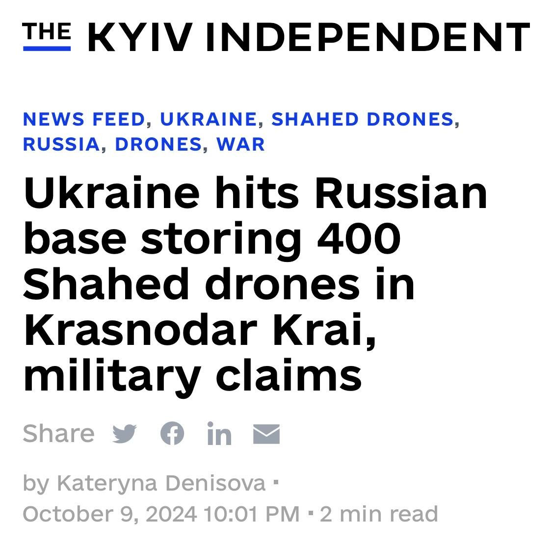 October 9: Ukraine hits a Russian base destroying 400 stored Shahed drones.