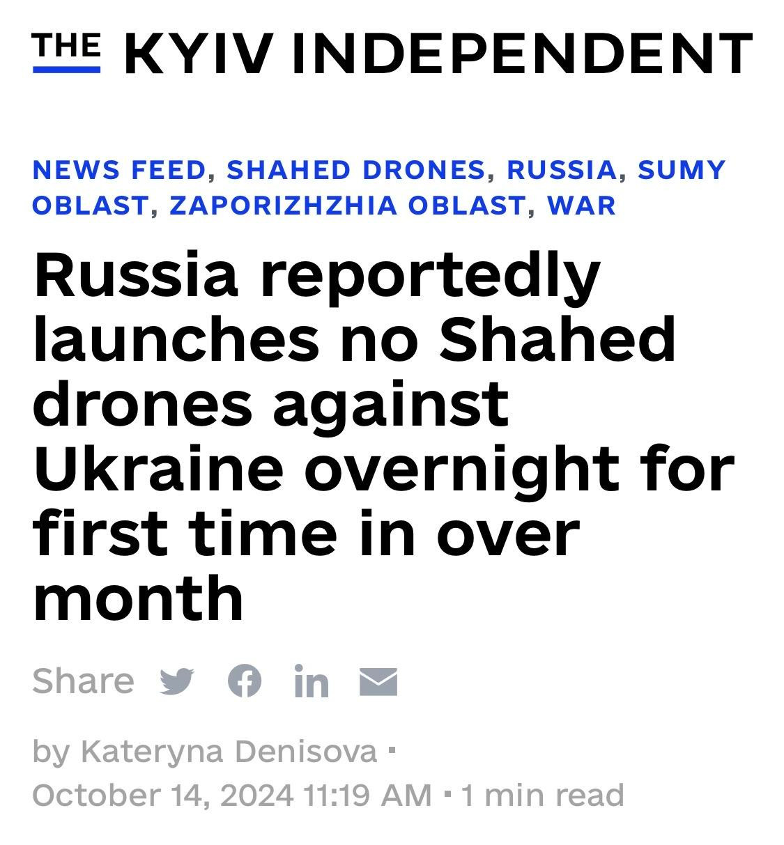 October 14: Russia is unable to launch Shahed drones against Ukraine.