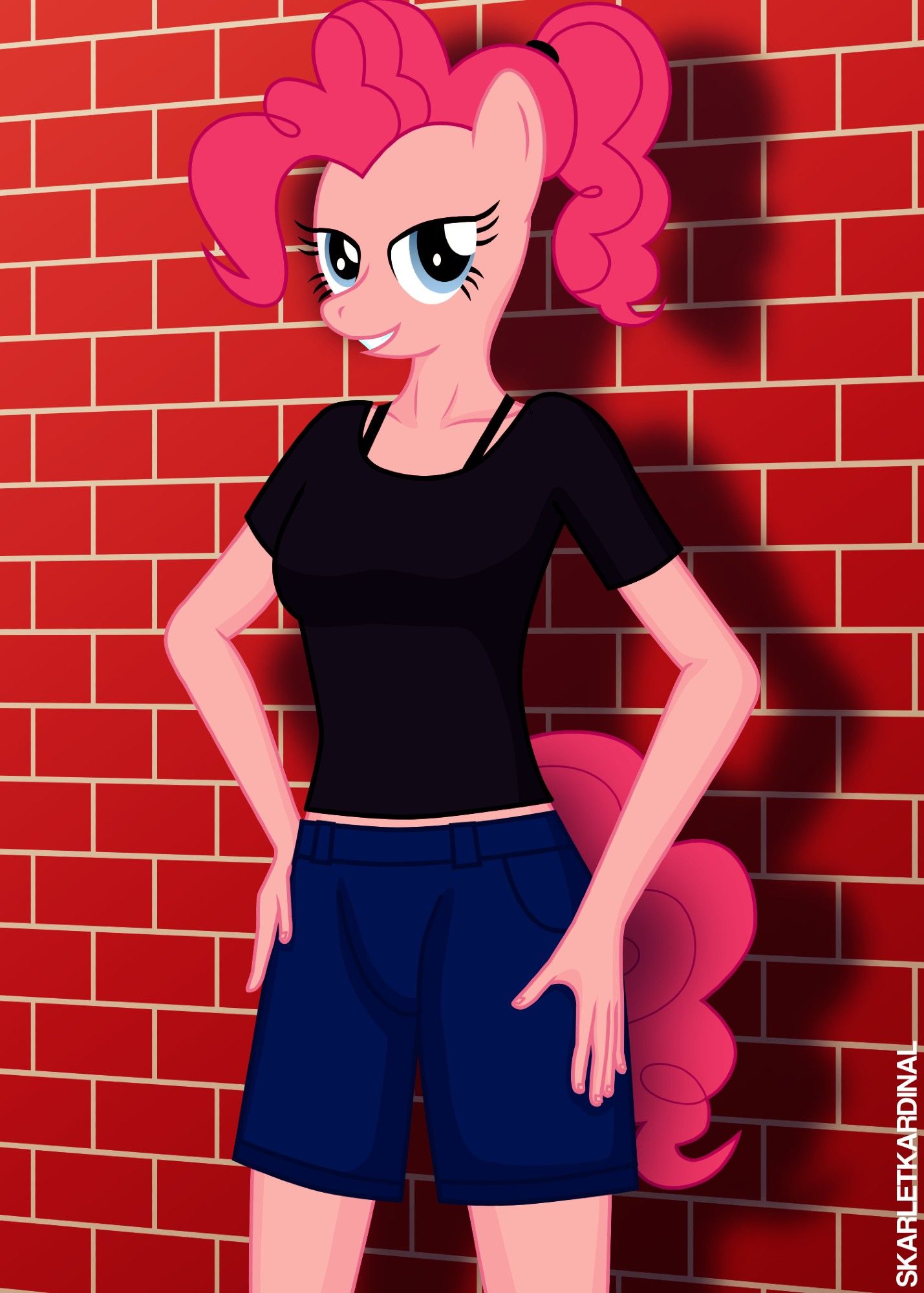 Artwork depicting an anthropomorphic Pinkie Pie. She is smiling, her mane is tied into a ponytail, and she is wearing denim shorts and a black shirt. Text saying "SKARLETKARDINAL" is visible in the bottom-right corner, acting as a watermark.