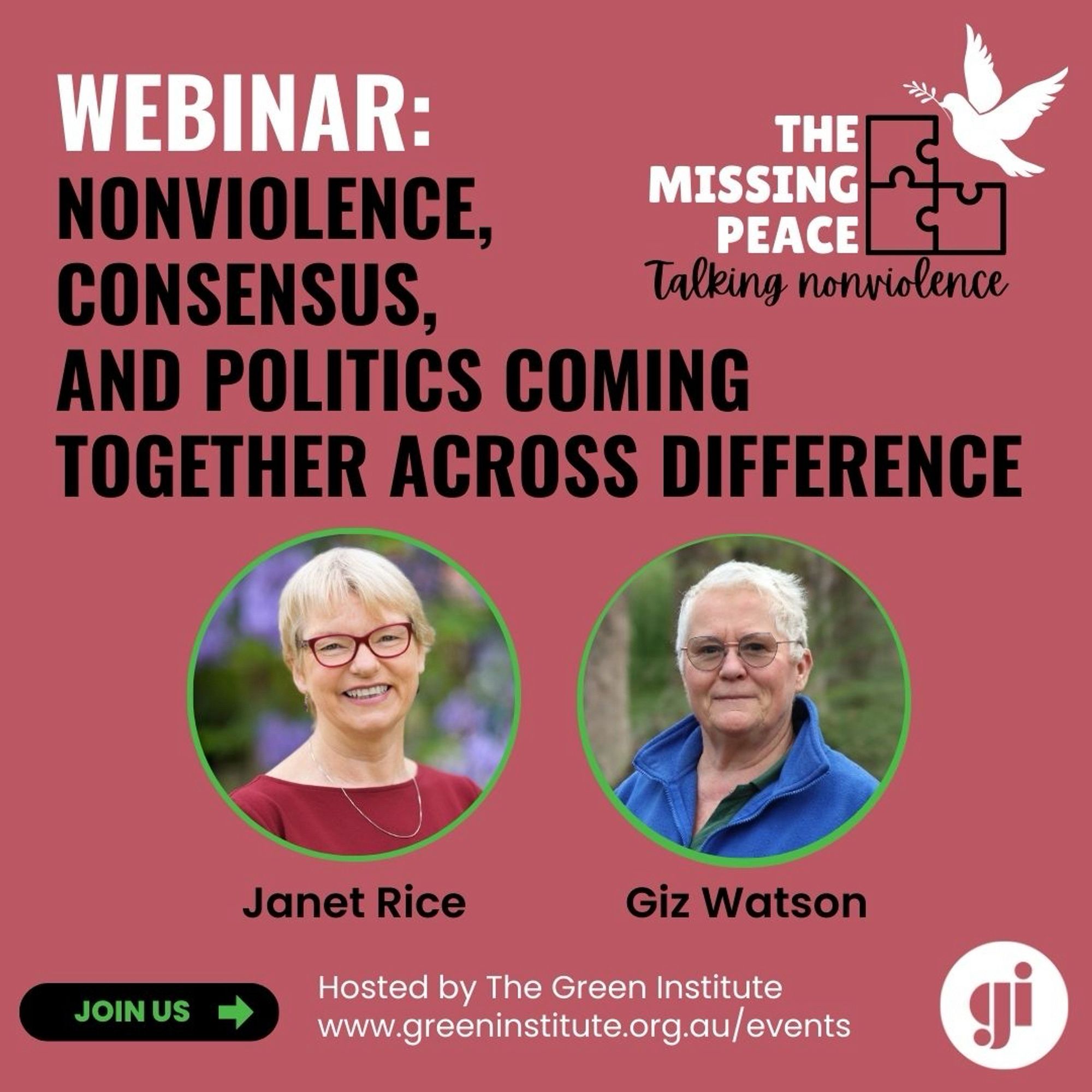 Promo square titled “Webinar: nonviolence, consensus, and politics coming together across difference” with headshots of two women, Janet Rice and Giz Watson, inside little circles