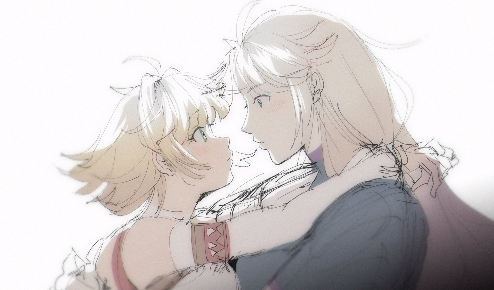 An older Shulk and Fiora from Xenoblade Chronicles holding each other and looking at each other.