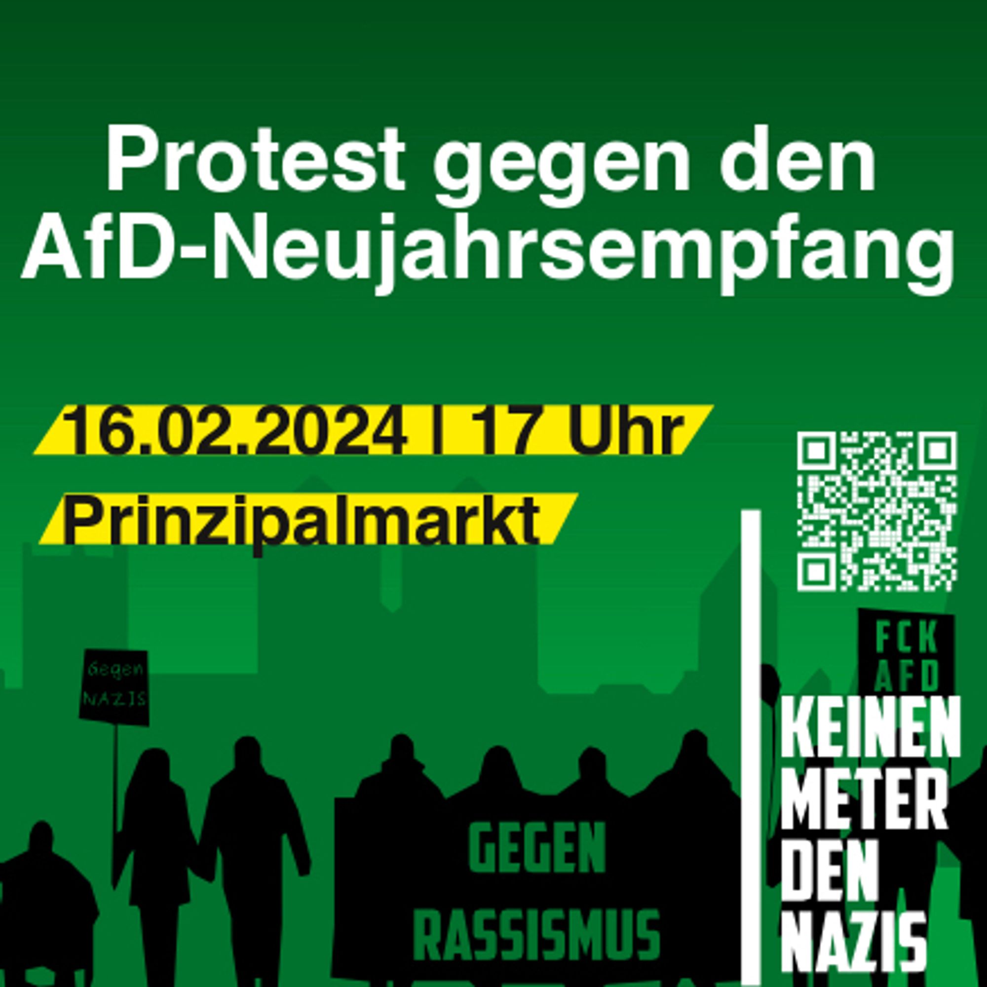 Sharepic vom Bündnis Keinen Meter den Nazis zum Protest gegen den AfD-Neujahrsempfang am 16.022024 um 17 Uhr auf dem Prinzipalmarkt in Münster.