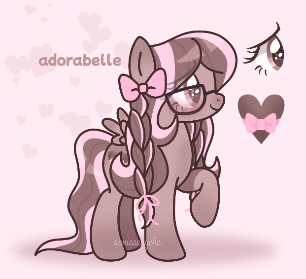 digital art of my self insert oc for my little pony in the g4 style with a base. she is a pegasus with deformed filly sized wings and fluttershy eyes. she has a brown body with a darker brown mane that has pink streaks with pink bows and ribbons. she has a pair of glasses and a brown heart cutiemark