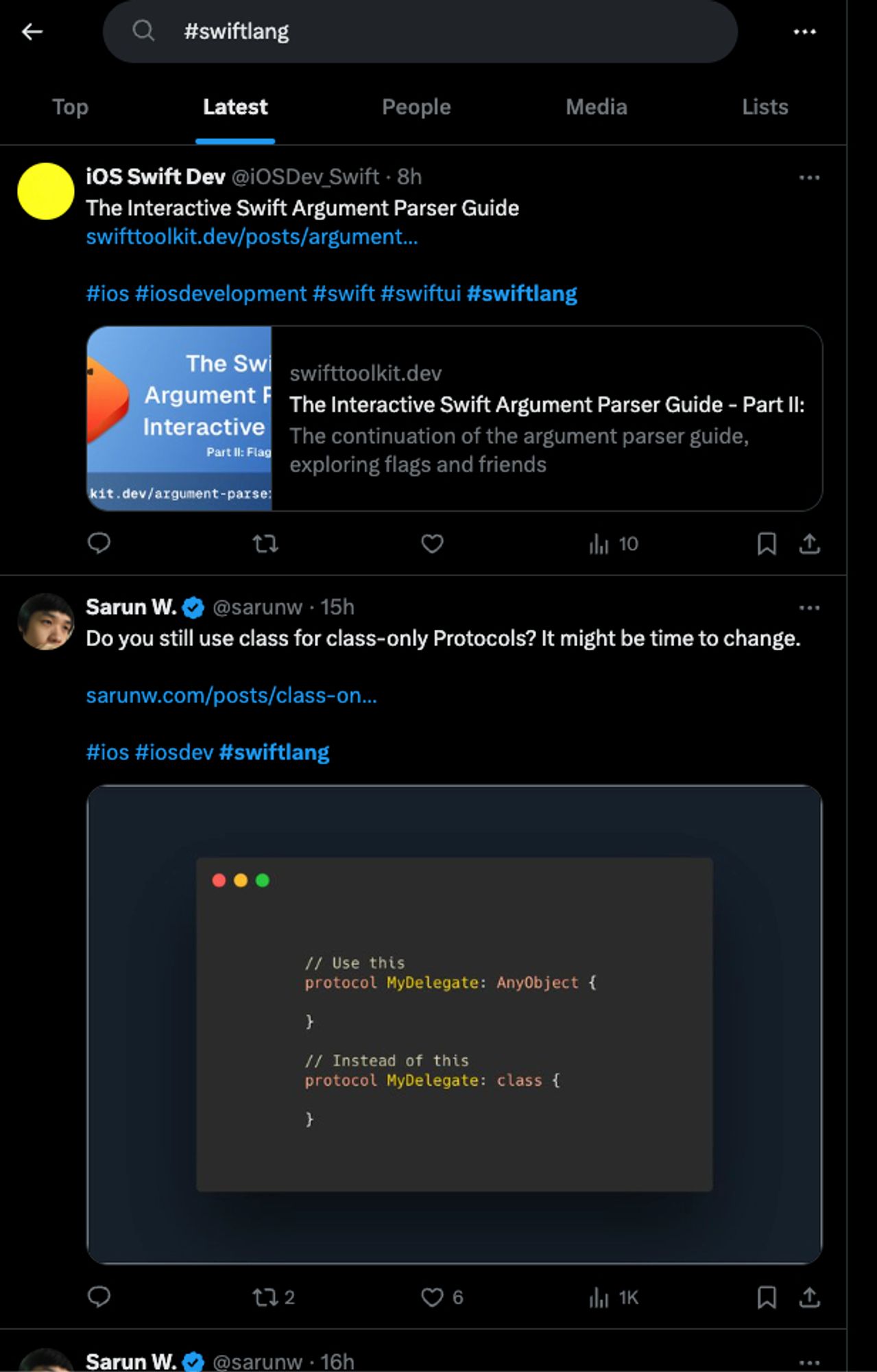 Top
#swiftlang
Latest
People
Media
Lists
iOS Swift Dev @iOSDev Swift • 8h
The Interactive Swift Argument Parser Guide
swifttoolkit.dev/posts/argument...
#ios #iosdevelopment #swift #swiftui #swiftlang
The Swi
Argument F
Interactive
Part Il: Flag
swifttoolkit.dev
The Interactive Swift Argument Parser Guide - Part II:
The continuation of the argument parser guide,
exploring flags and friends
kit.dev/argument-parse:
17
thi 10
Sarun W.
@sarunw • 15h
Do you still use class for class-only Protocols? It might be time to change.
sarunw.com/posts/class-on…..
#ios #iosdev #swiftlang
// Use this
protocol MyDelegate: AnyObject {
// Instead of this
protocol MyDelegate: class (
Sarun W. +
172
@sarunw • 16hl
• 6
thi 1K