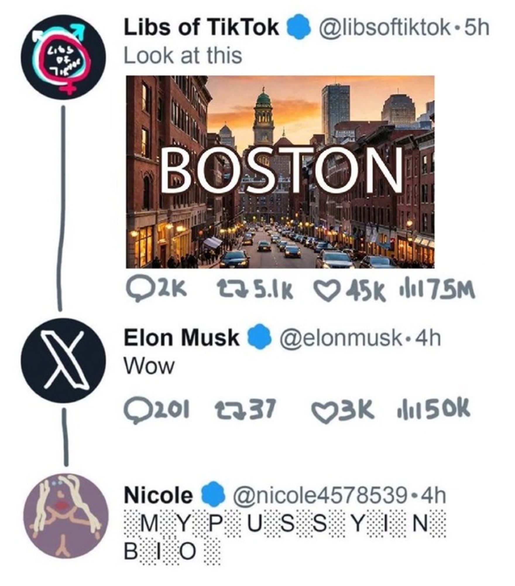 Fake Twitter screenshot; a drawing of a “Libs of TikTok” account on Twitter posting about anything, with Elon Musk replying below with “Wow” and below that is a Verified bot