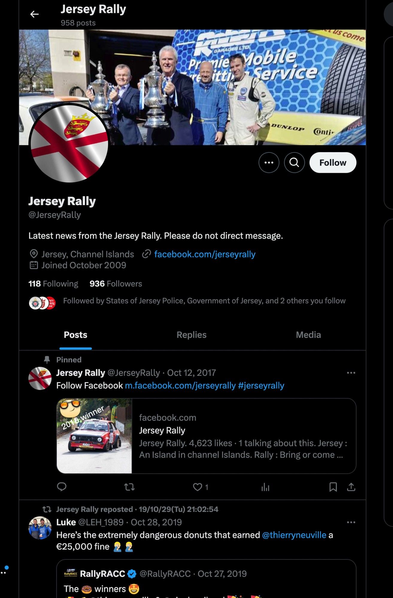 Jersey Rally's Twitter account which shows their pinned tweet was from 2017, just with a link to their Facebook profile. Their latest Retweet was from 2019. Inactive account.