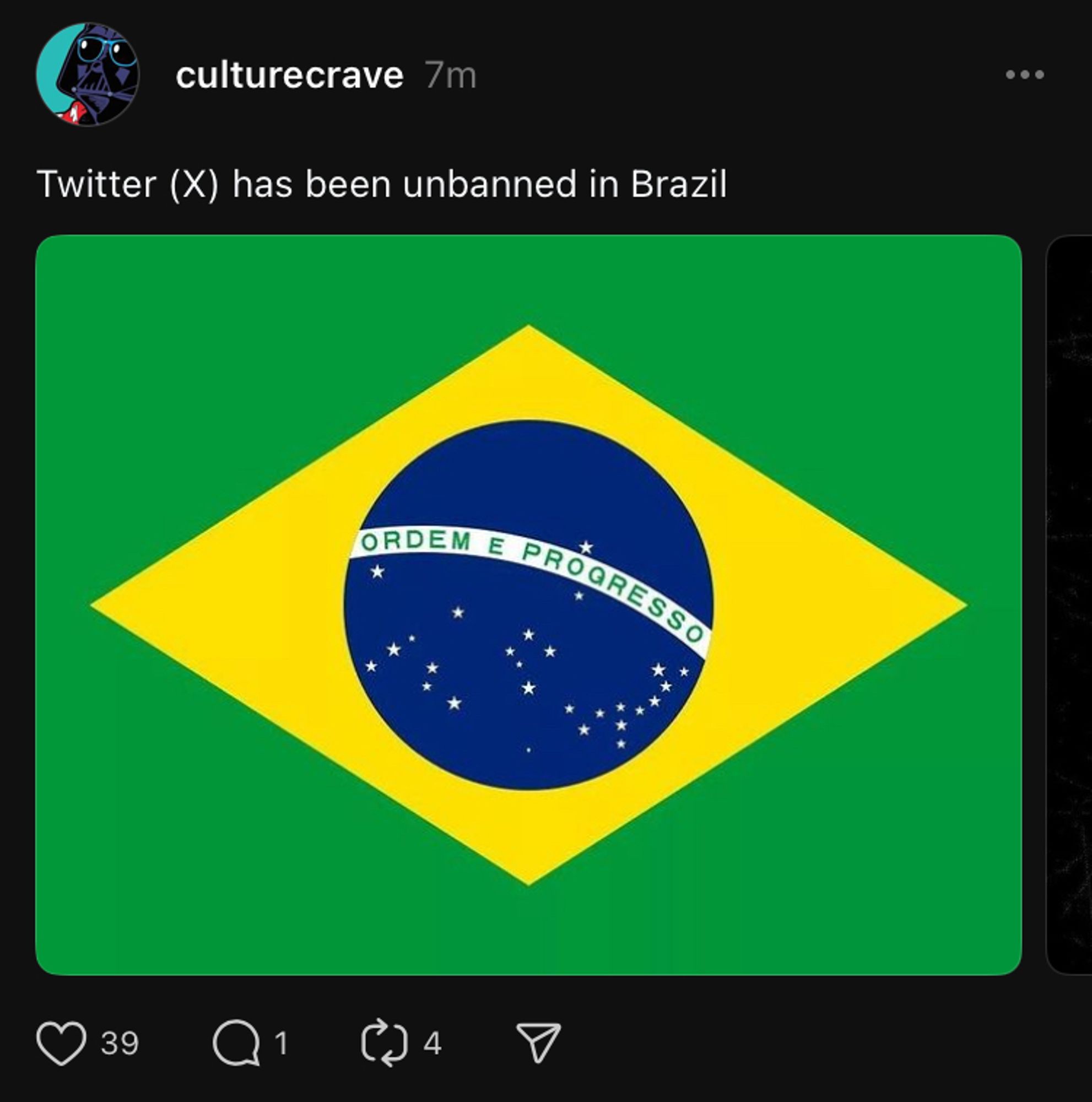 culturecrave 7m
 Twitter (X) has been unbanned in Brazil
 ORDEM E PROGRESSO
 *
 39