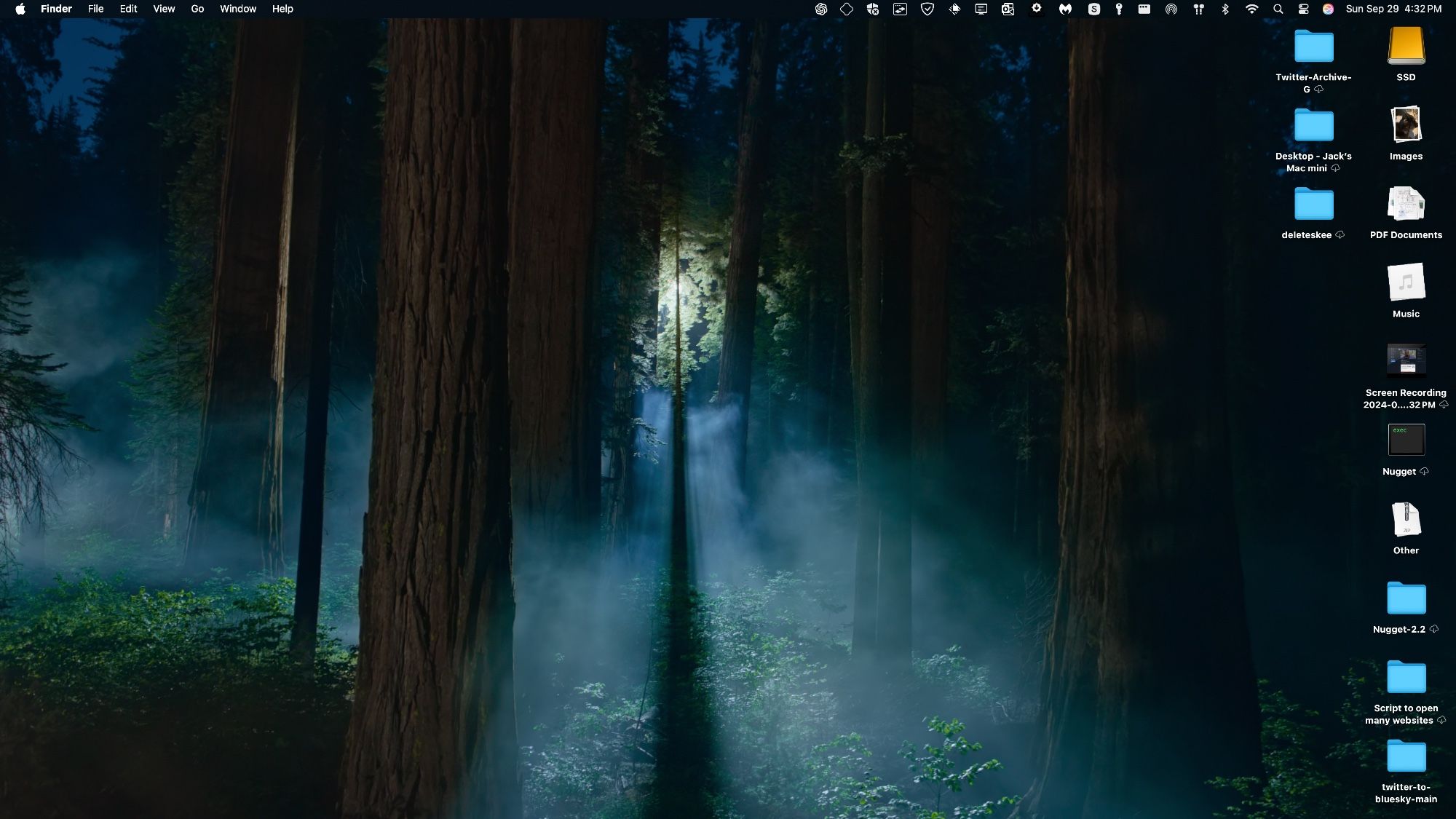 Screenshot of my Mac mini’s desktop running macOS Sequoia (15.1 Beta) with a background in Sequoia, with some trees in a dark forest at night, and light and fog is shining through the trees.