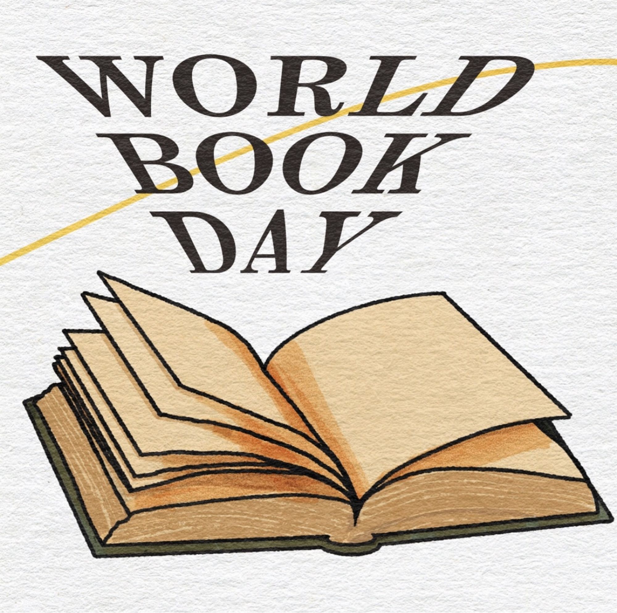 Illustration of a book open to its middle with WORLD BOOK DAY pouring out of the pages