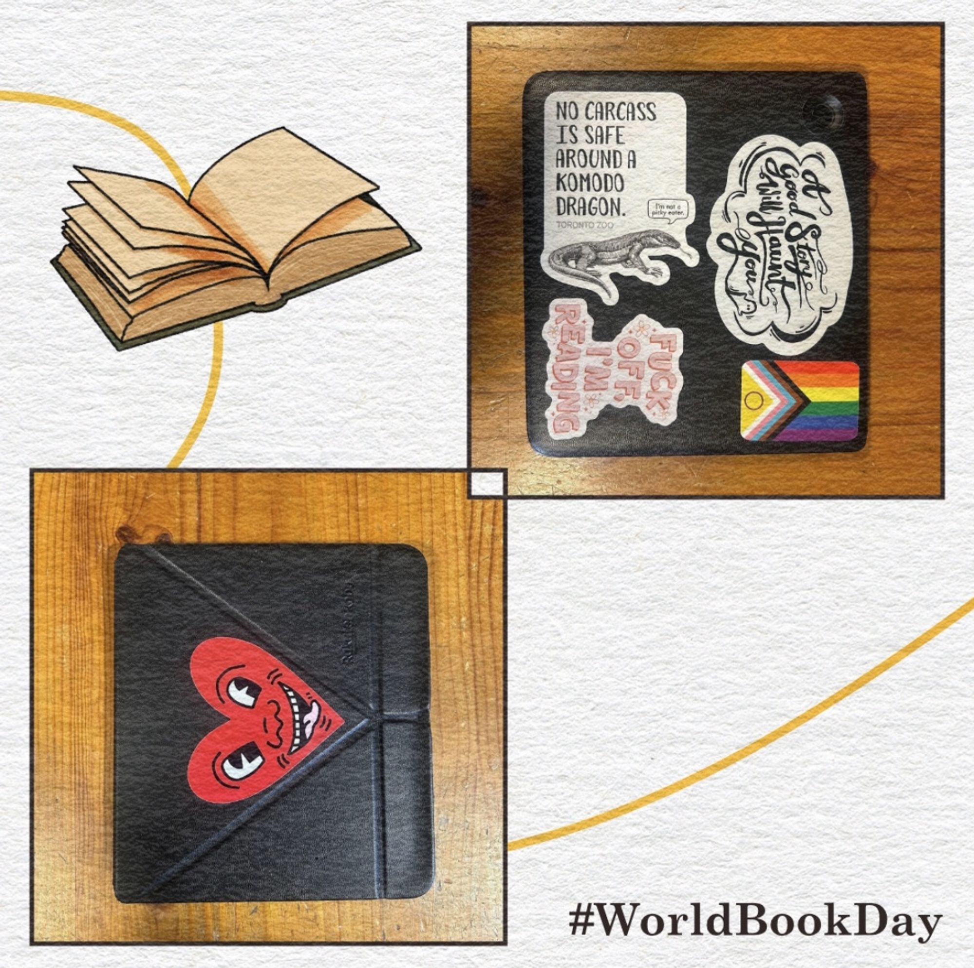 Illustration of the open book and images of a sticker covered kobo ereader. There is a sticker of a heart on the front. On the back there is a sticker of a komodo dragon, "Fuck Off I'm Reading", a pride flag, and "A Good Story Will Haunt You".