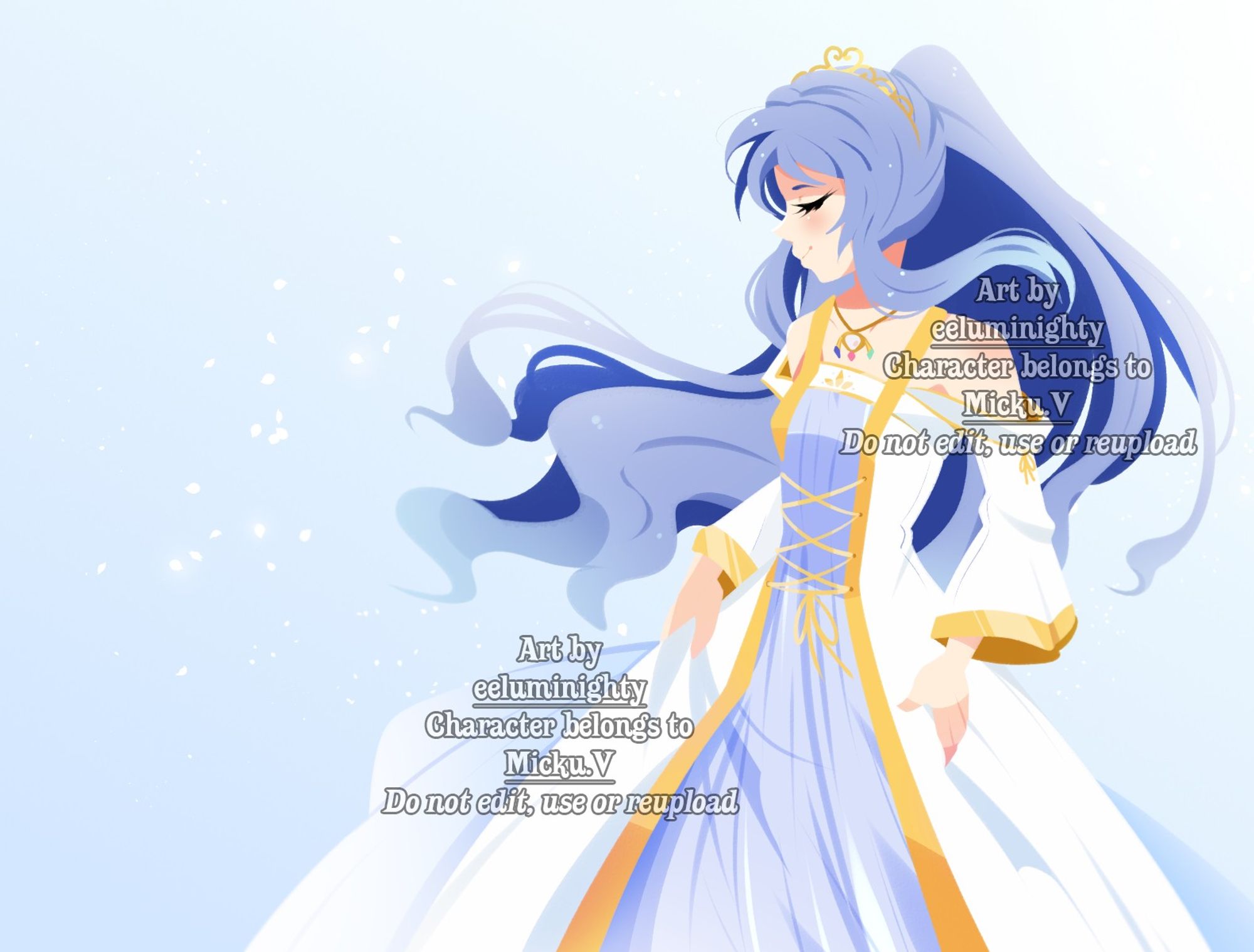 Drawing of Katia d'Onyra by eeluminighty

It shows a young woman with long blue hair tied at the back, floating in the air. She wears a long white and gold dress with a blue interior that she lifts slightly and a tiara on her head. She seems soothed, enjoying the breeze that caresses her face.