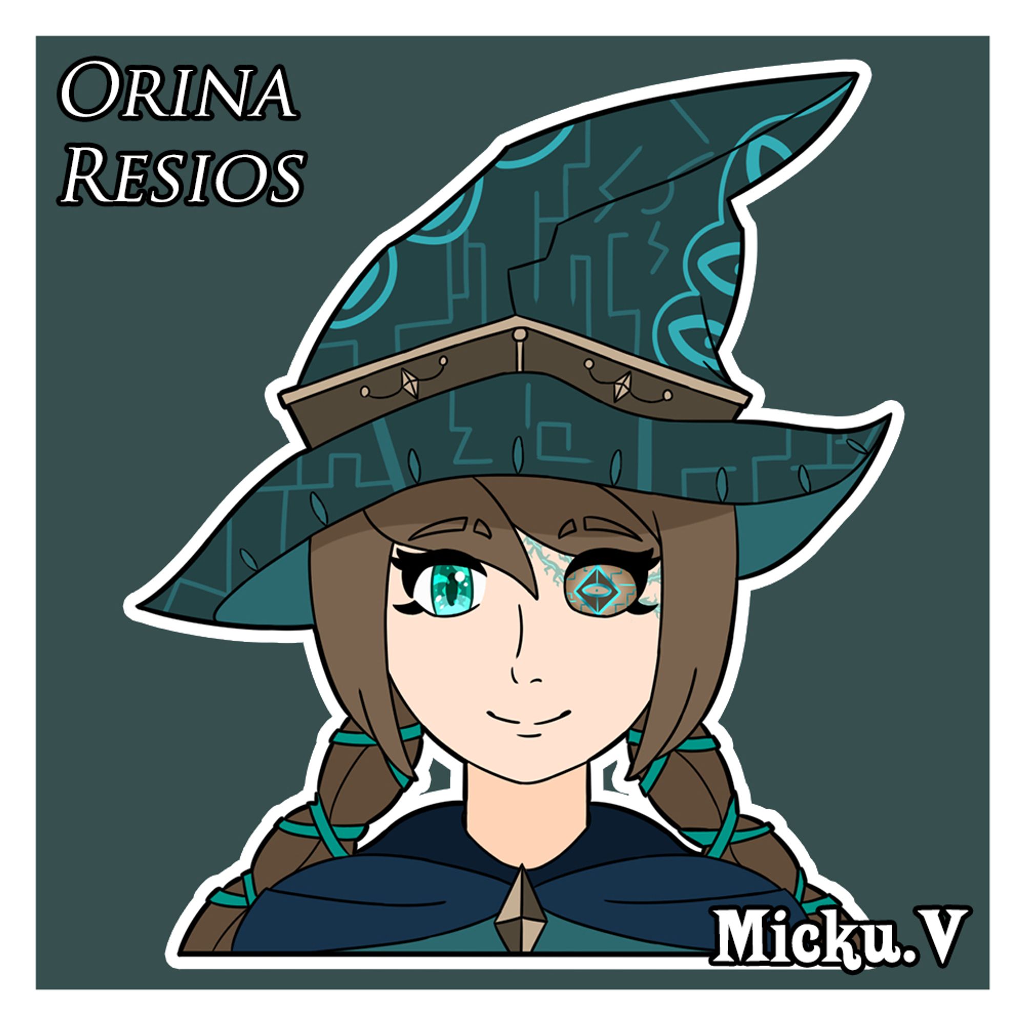 Symetrical Portrait of Orina Resios where we can see her eyes. 
For her right eye, it is a completely normal turquoise eye. For her left eye, it is a magical ancient orb used as a substitute. She also has some turquoise scars around this eye.