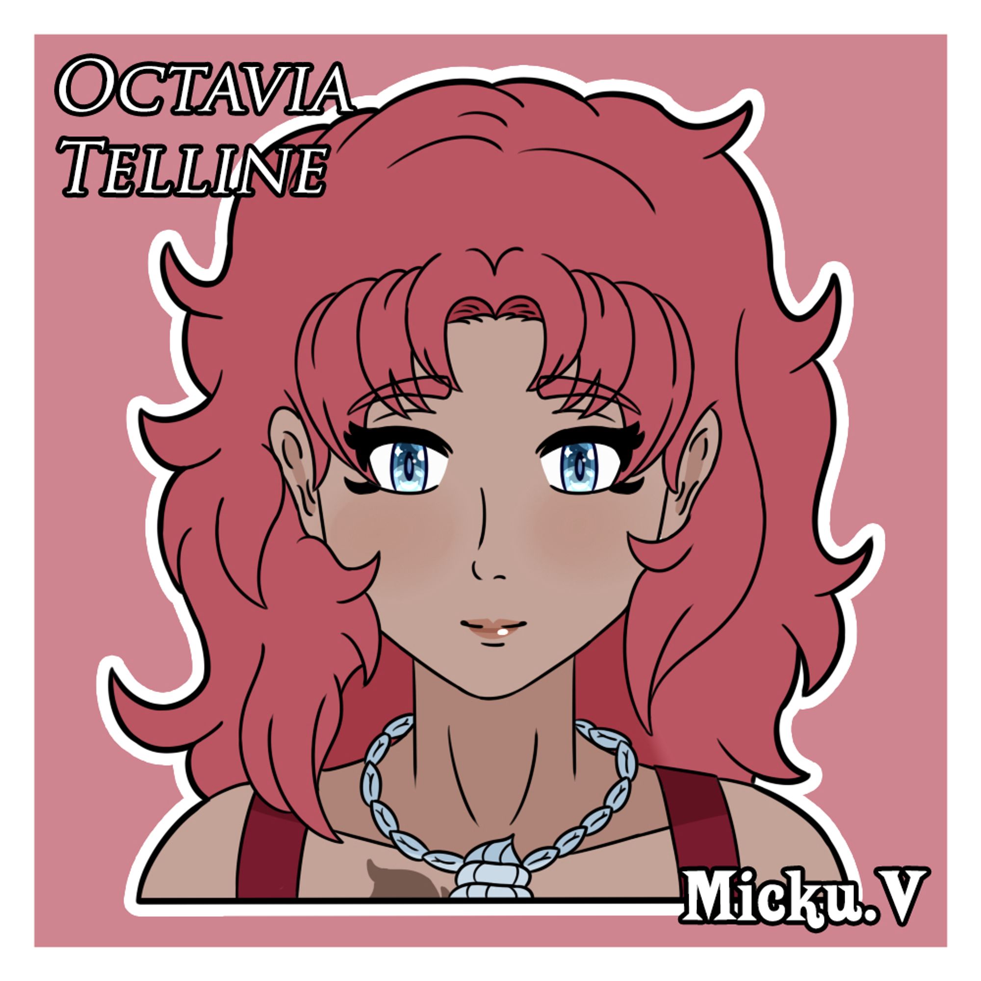 Symetrical Portrait of Octavia Telline from Rinebel Chronicles - Kingdom of Onyra
She is a young woman with dark skin and curly pink hair. She has blue eyes and wears a necklace made of shells. The top of a birthmark can also be seen on her chest.