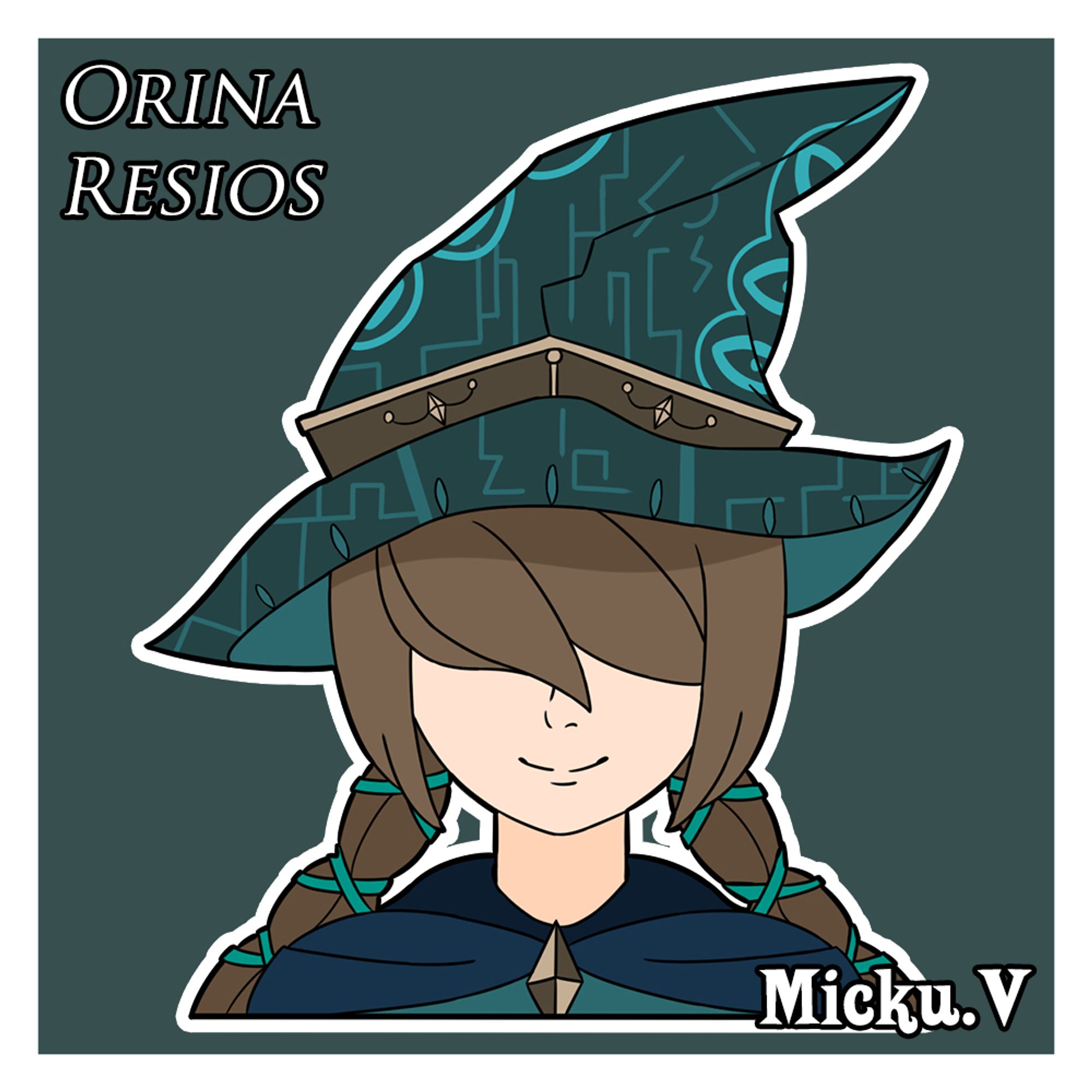 Symetrical Portrait of Orina Resios from Rinebel Chronicles - Kingdom of Onyra
She is a young girl with brown hair hiding her gaze. They are also tied in two long braids at the back of her skull. She wears a witch outfit with a large green hat with geometric patterns and eye symbols on it. She also wears a small dark turquoise cape.