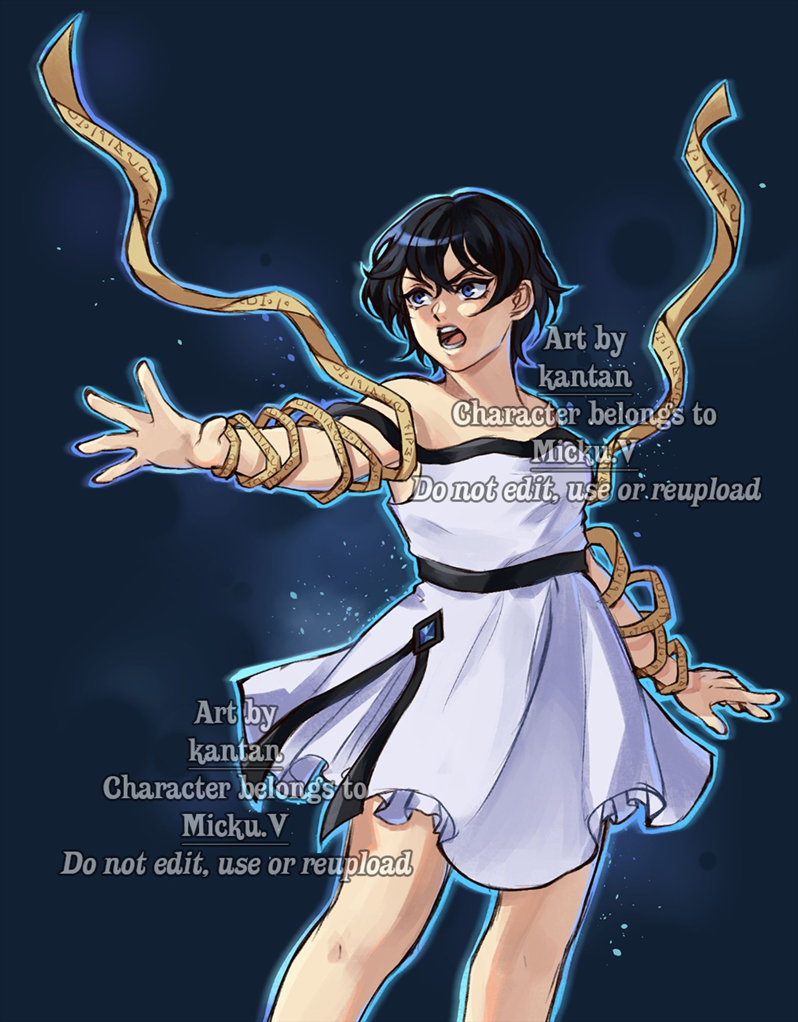 Drawing of Natalia Melentis by kantan

It shows a young woman with short brown hair and blue eyes holding out her hand with determination. She wears a white dress with black trim and a blue stone hanging from it as well as ribbons bearing runic inscriptions floating in the air. She is surrounded by a magical blue glow