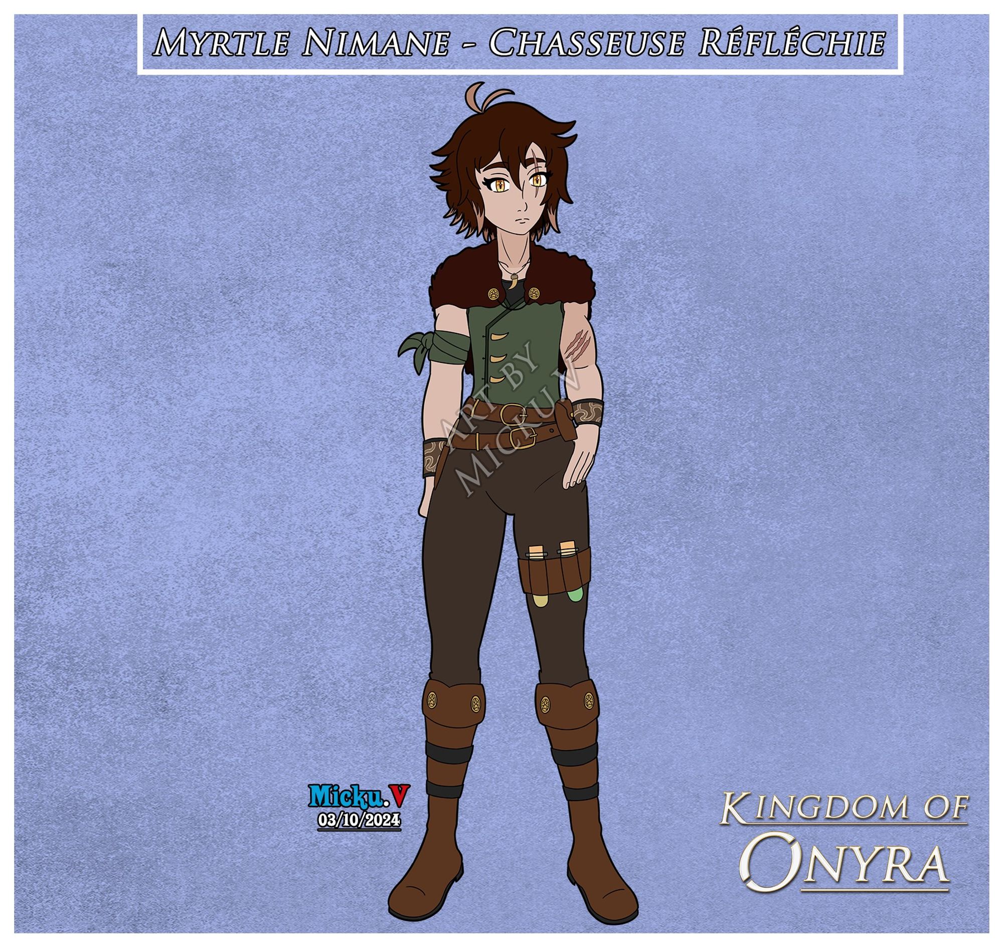 Reference sheet of Myrtle Nimane
It shows a young woman with short hair with two shades of brown and yellow eyes. She wears a bear fur on her shoulders, a green top and brown pants. She also has two belts, one holding a satchel, the other a hunting knife, as well as a small belt on her left thigh carrying two vials of potion.