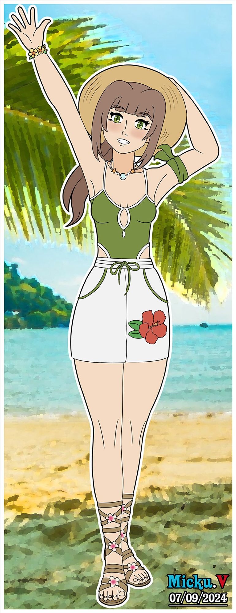 A summer design for Lacia Torna

She smiles as she greets someone in the distance, facing the viewer, while holding her straw hat on her head.
She is wearing a green one-piece swimsuit with openings at the hips. She also has white shorts with a red tropical flower pattern on them. She also wears a green scarf on her left arm, a flower bracelet on her right wrist, and a pearl necklace. She also wears strappy sandals with flowers attached to them.