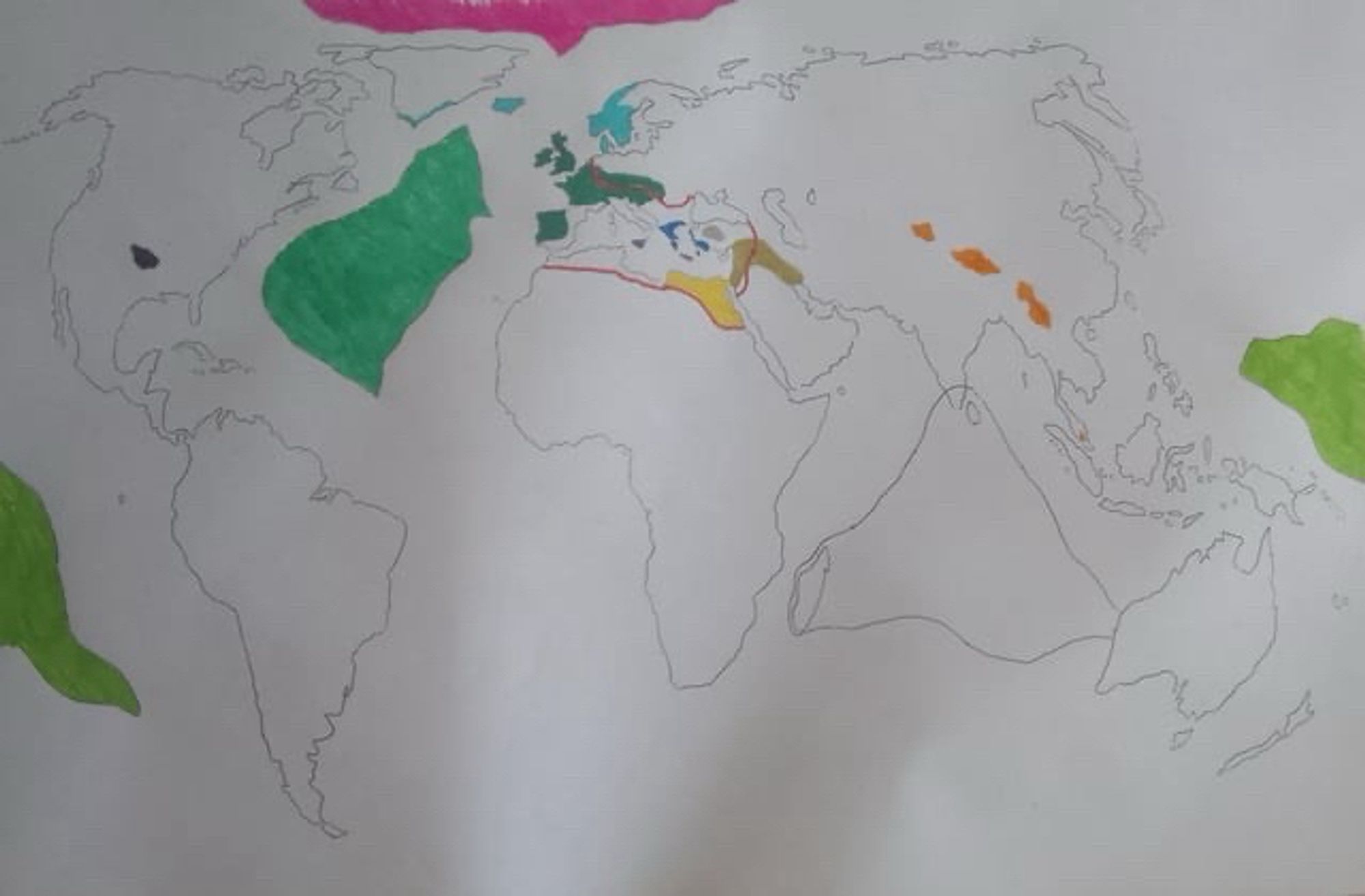 Hand drawn map of the world with various regions colored in