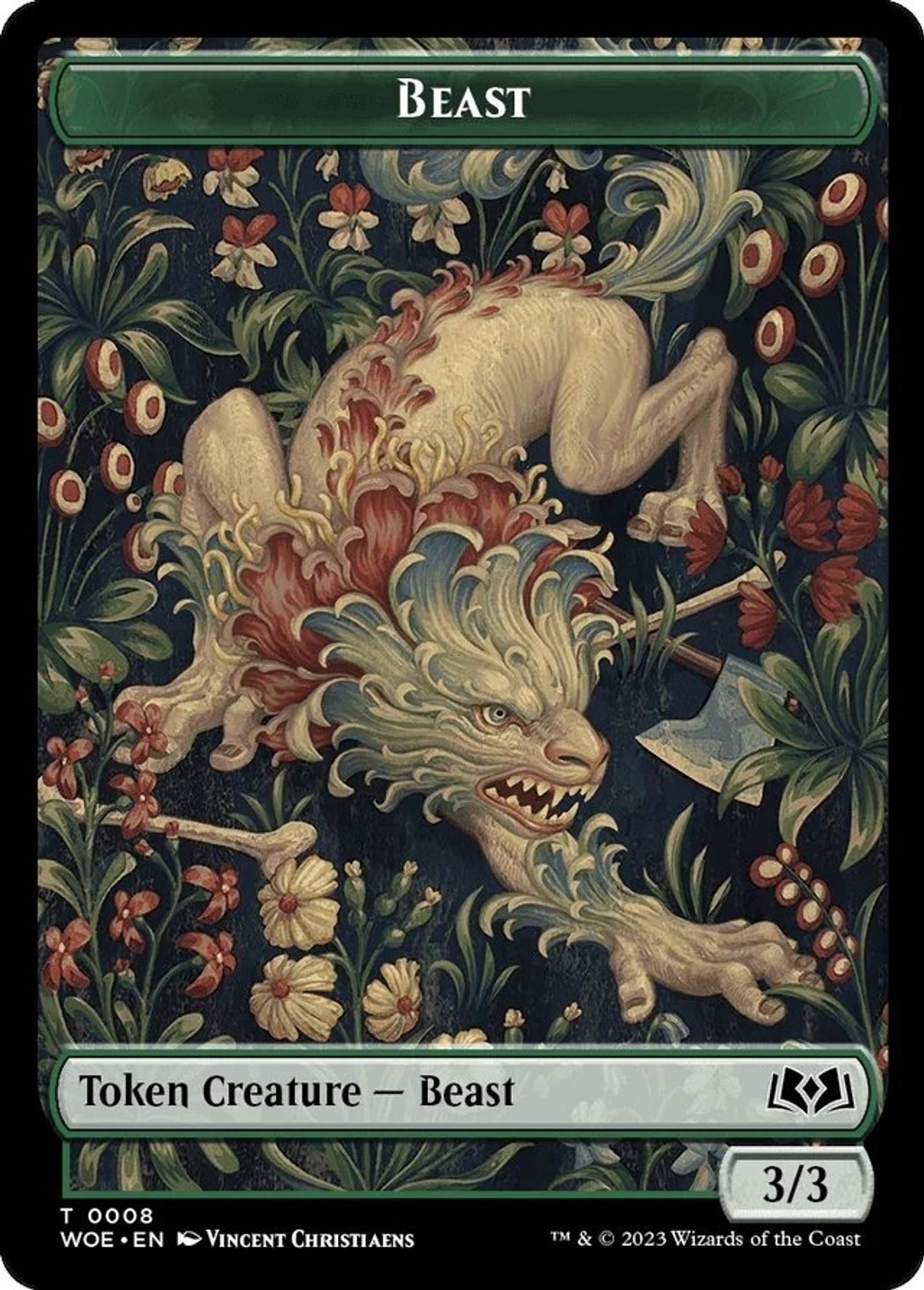 A 3/3 Beast token from the new MtG set "Wilds of Eldraine", featuring a chimera surrounded by flowers in the style of a European Medieval tapestry.