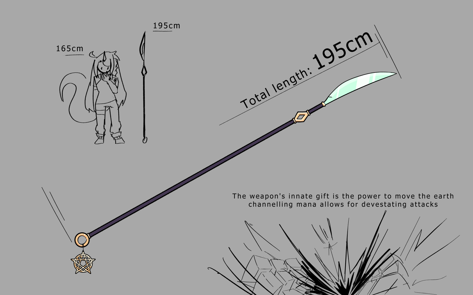 Reference image for a 195cm glaive. A description of its abilities is as follows: "The weapon's innate gift is the power to move the earth. Channeling mana allows for devastating attacks." The image under this text shows an attack destroying a wide area.