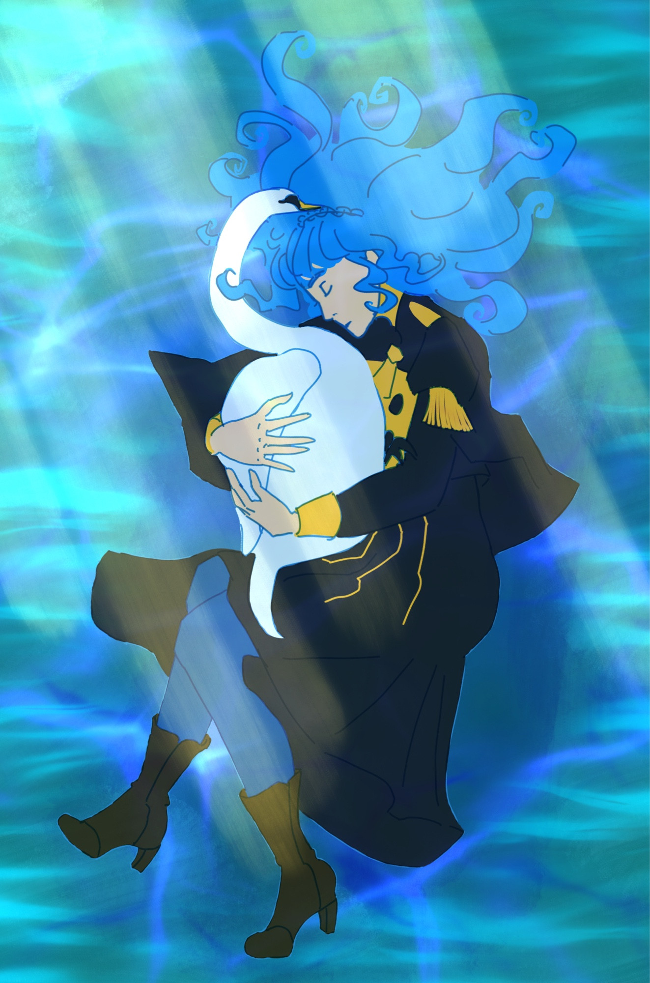 Marianne from fire emblem floats on the water, hugging a swan