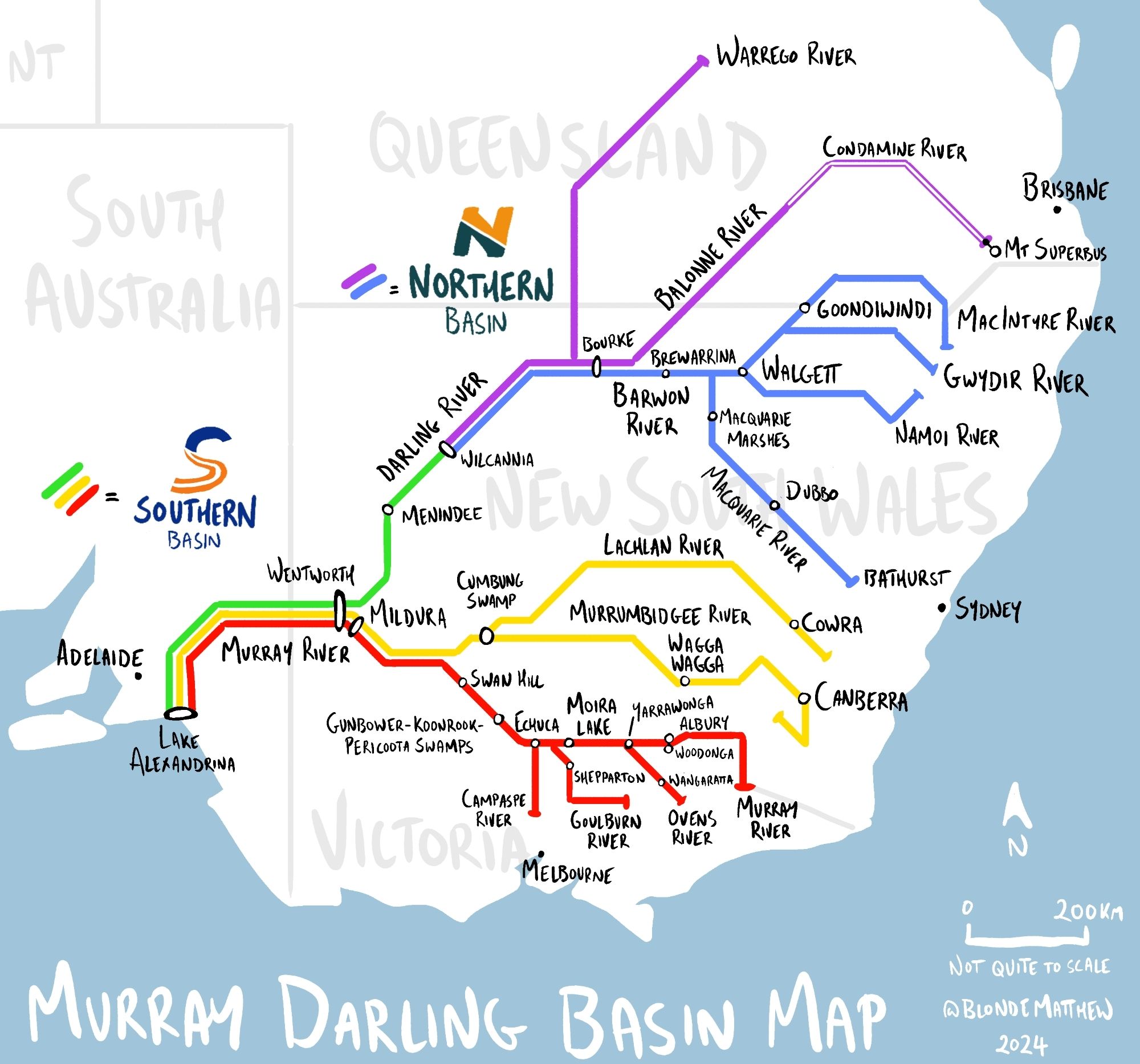 Map of the Murray Darling Basin made to look like a train map. The Northern Basin and Southern Basin have logos that look like Melbourne's old Hillside Trains and Bayside Trains logos.