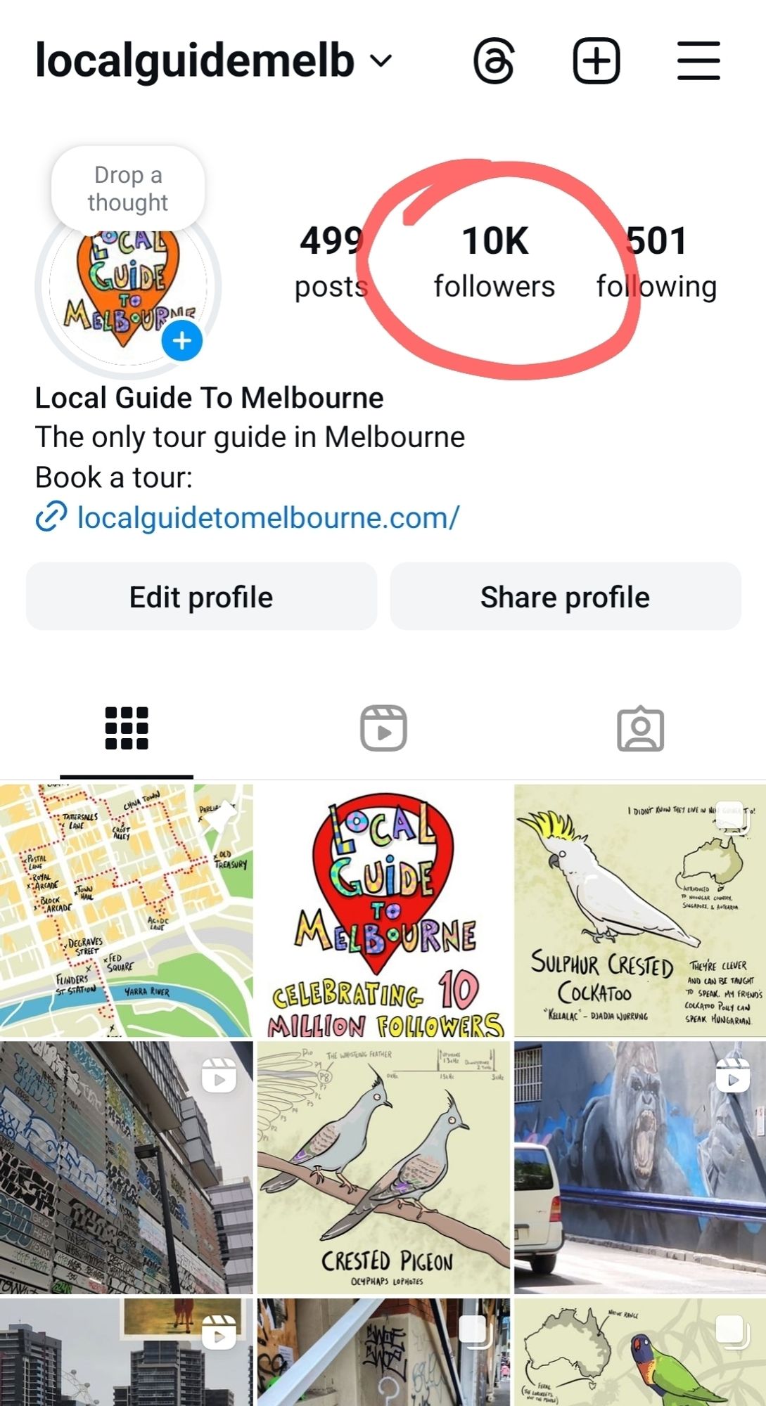 Screenshot of @LocalGuideMelb on instagram. 10k followers is circled in red.