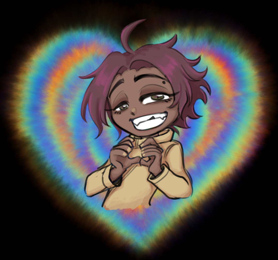 venture overwatch doing a heart hands gesture over a rainbow heart background