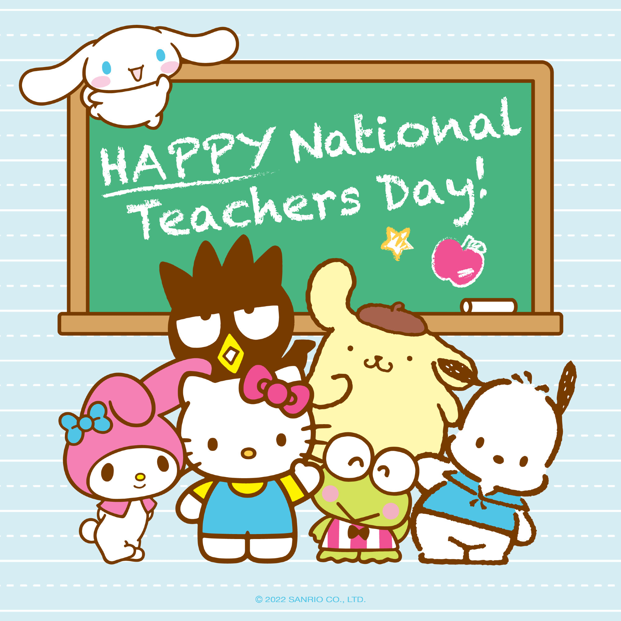 Vários personagens da Sanrio, incluindo Hello Kitty, Pochacco, Keroppi, My Melody, PomPomPurin e Badtz Maru em frente a uma lousa escrito Happy National Teacher's Day
Cinamonroll flutua no canto superior esquerdo da lousa