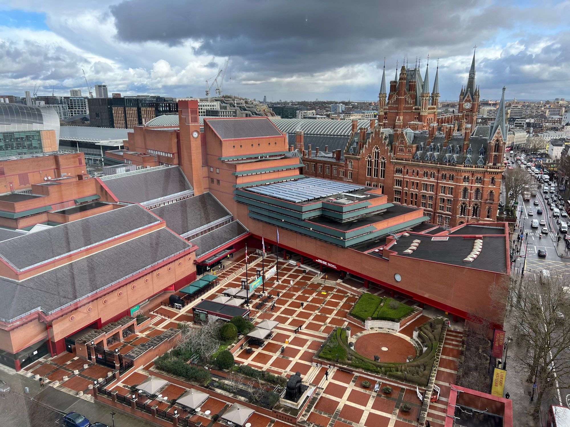 View of the British Library from above with St. Pancras station in the background.