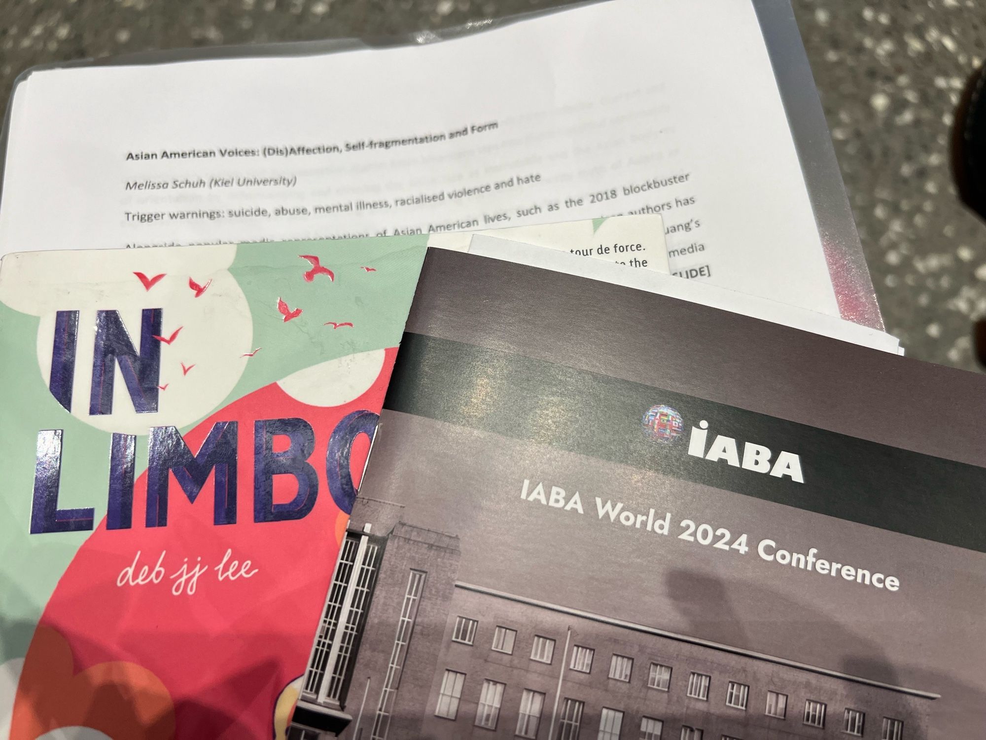 Photo of a printed paper with the title “Asian American Voices: (Dis)Affection, Self-Fragmentation and Form”, laid on top are a copy of Deb JJ Lee’s “In Limbo” and the conference programme booklet, titled IABA World 2024 conference.