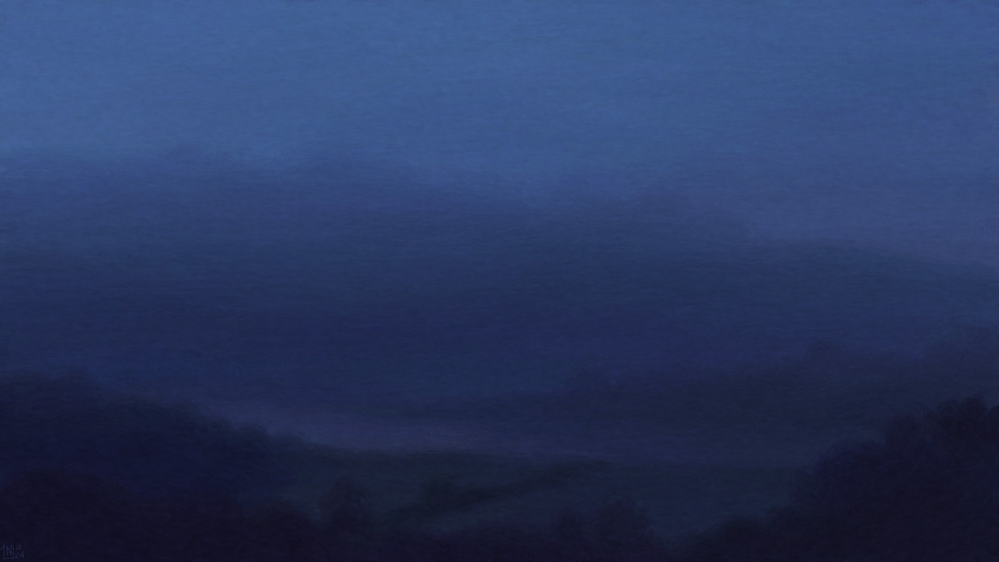 Digital painting of a foggy landscape, early morning at the cusp of dusk. There are hills covered in trees, and fields, with fog moving on and between them. The scene is bathed in blue-grey tones.