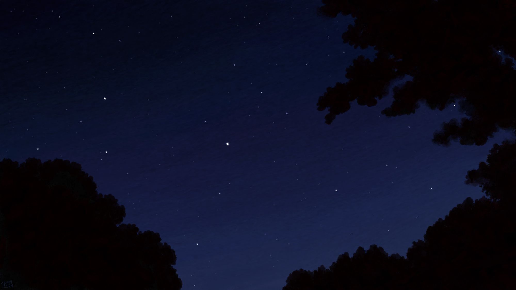 Digital painting of a dark blue night sky, surrounded by the black shadows of trees in three corners of the frame. The sky is filled with stars.