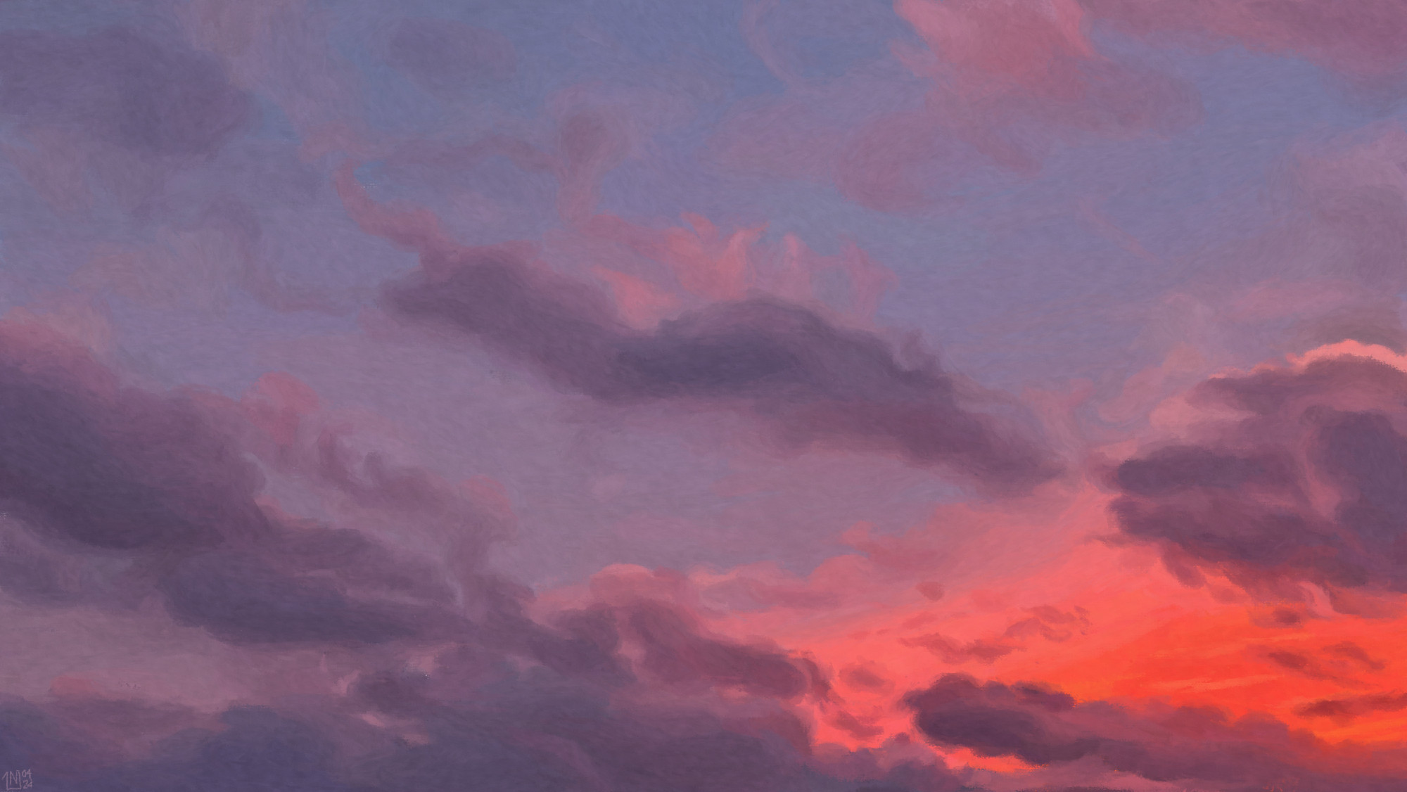 Digital painting of a sunrise sky, purple-grey clouds in a pale blue sky. The lower right corner is a bright, bright orange-pink that lightly tints everything a little bit pink.