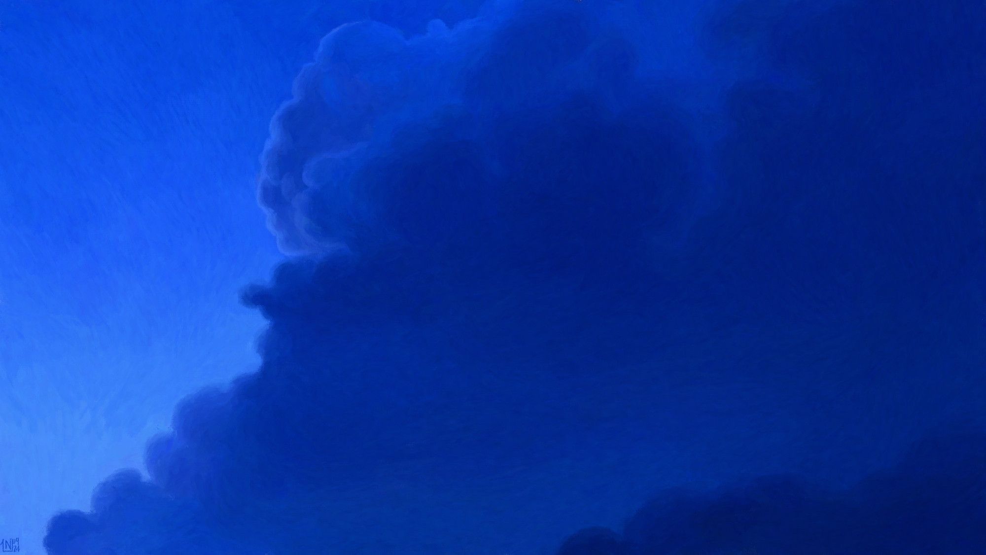 Digital painting of a dusk sky, mostly covered in a large, voluminous, dark blue cloud.