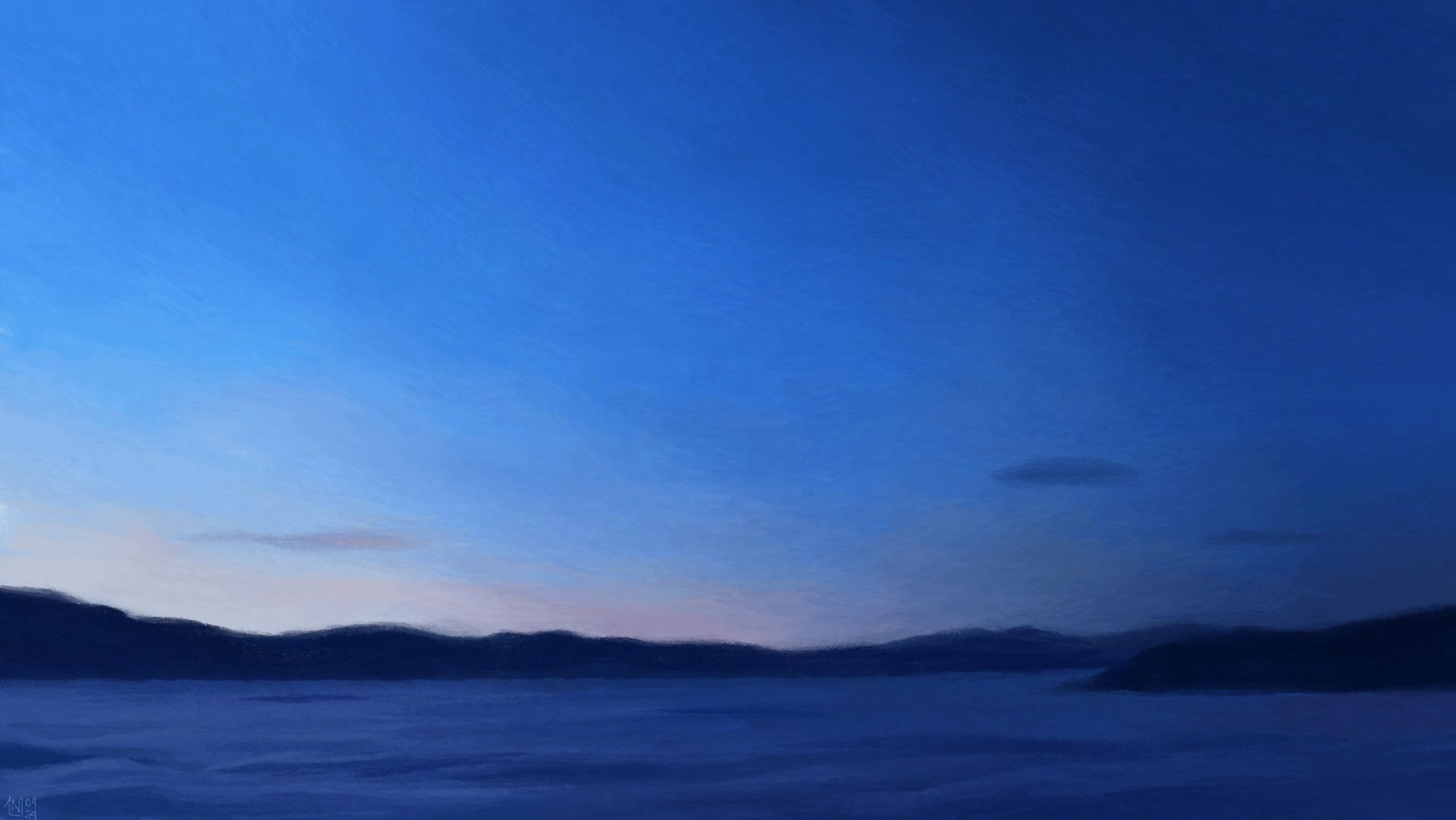 Digital painting of a dusk scene, just before sunrise: the sky is a gradient of dark blue to a pale peach colour, a few tiny clouds floating above the horizon. The mountains are a dark blue-black, surrounded by a sea of clouds.