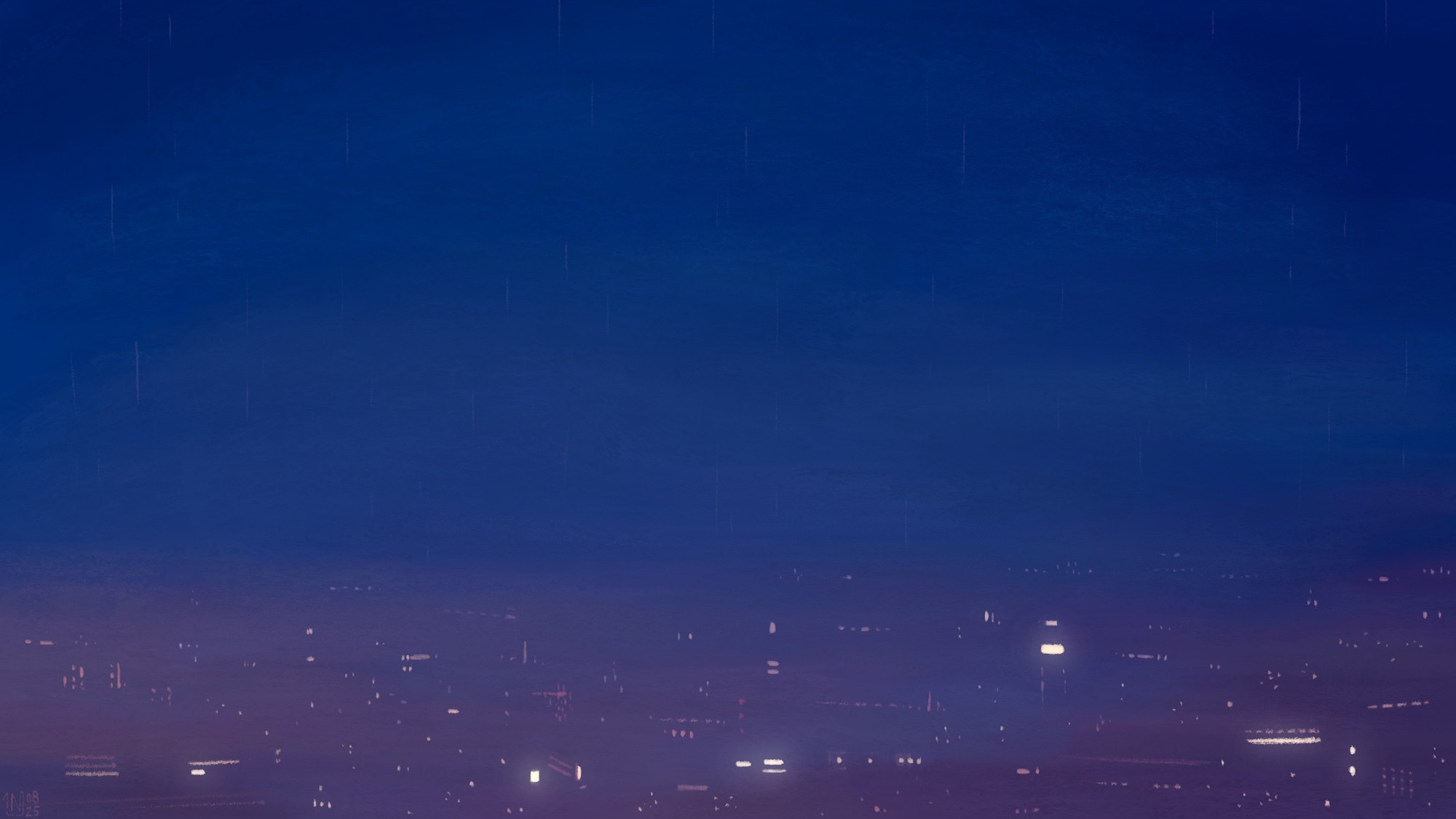Digital painting of a cityscape at night, only scattered, hazy lights in a purple blur, under a dark blue, cloudy sky.