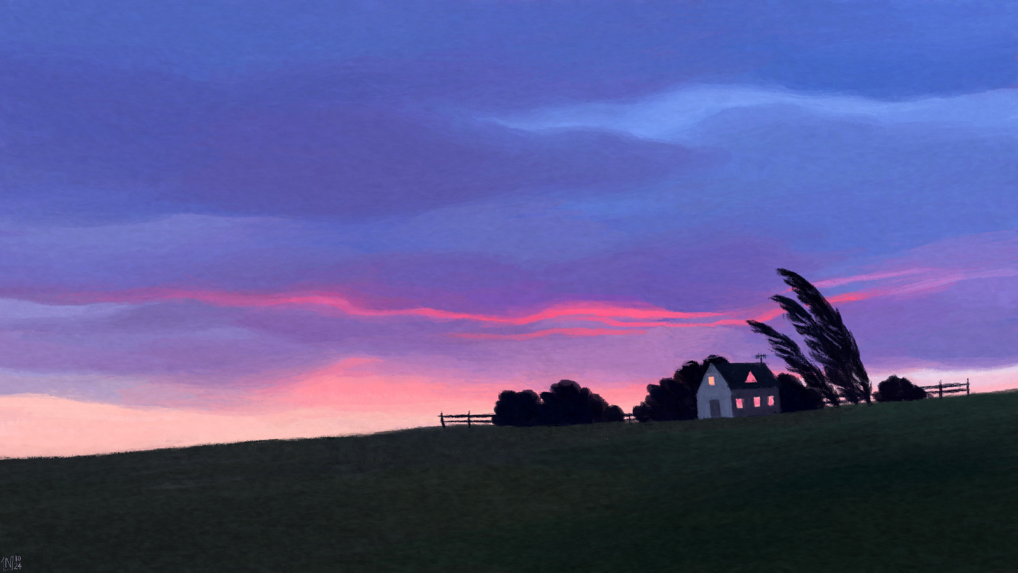 Digital painting of a sunrise scene; a grassy hill with a house, surrounded by trees moving in the wind. The sky is cloudy, the blue-purple tones of dusk, rimmed with vibrant pink and pastel orange on the horizon. The windows on the house reflect the sunrise.