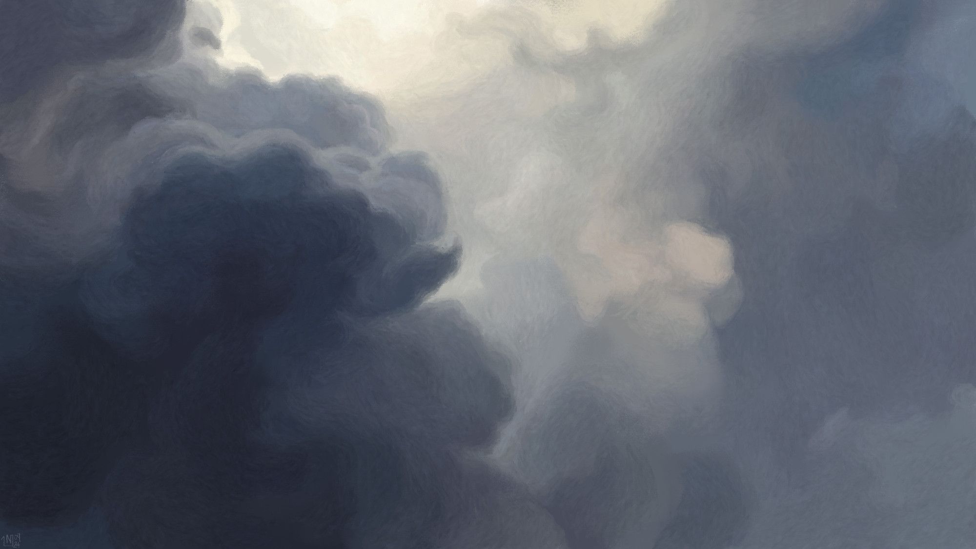 Digital painting of a cloudy sky all in lights and shadows; a large, dark grey cloud takes up the foreground of the left-hand side of the frame. Behind it, light comes through among grey wisps.