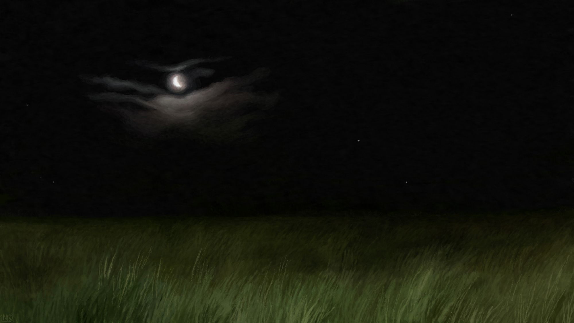 Digital painting of a black night sky above a field of grass lit by something off-frame. There is a waning crescent moon surrounded by wispy clouds, and a few stars dot the sky.