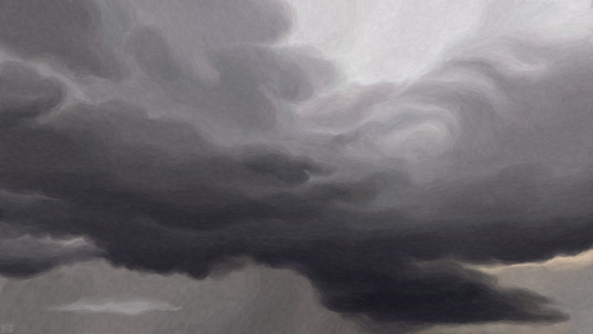 Digital painting of a large, dark grey cloud occupying most of the sky. A small portion of it detaches underneath, like a tail that is even darker than the rest. There is rain in the distance.