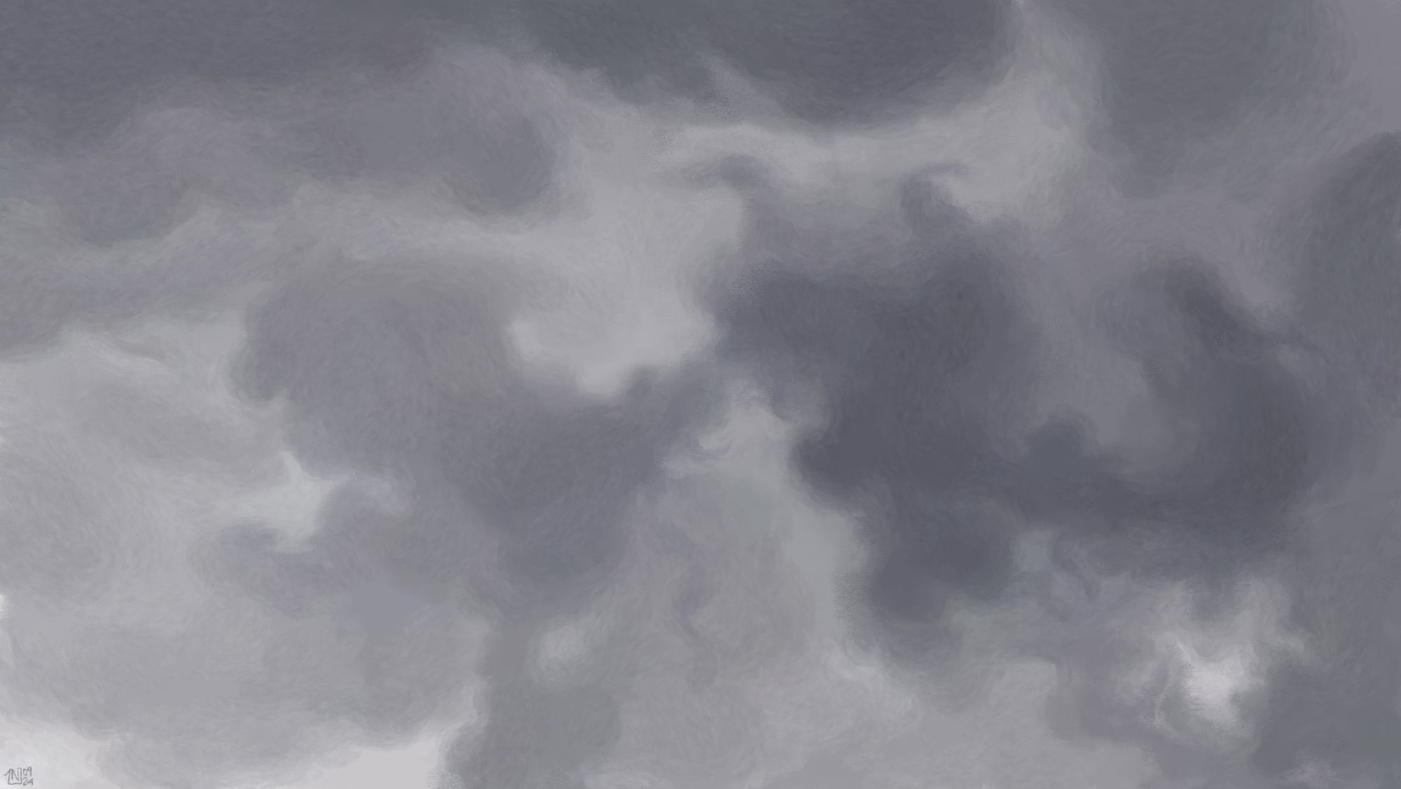 Digital painting of an overcast sky, layers of clouds in different shades of grey contrasting with one another.