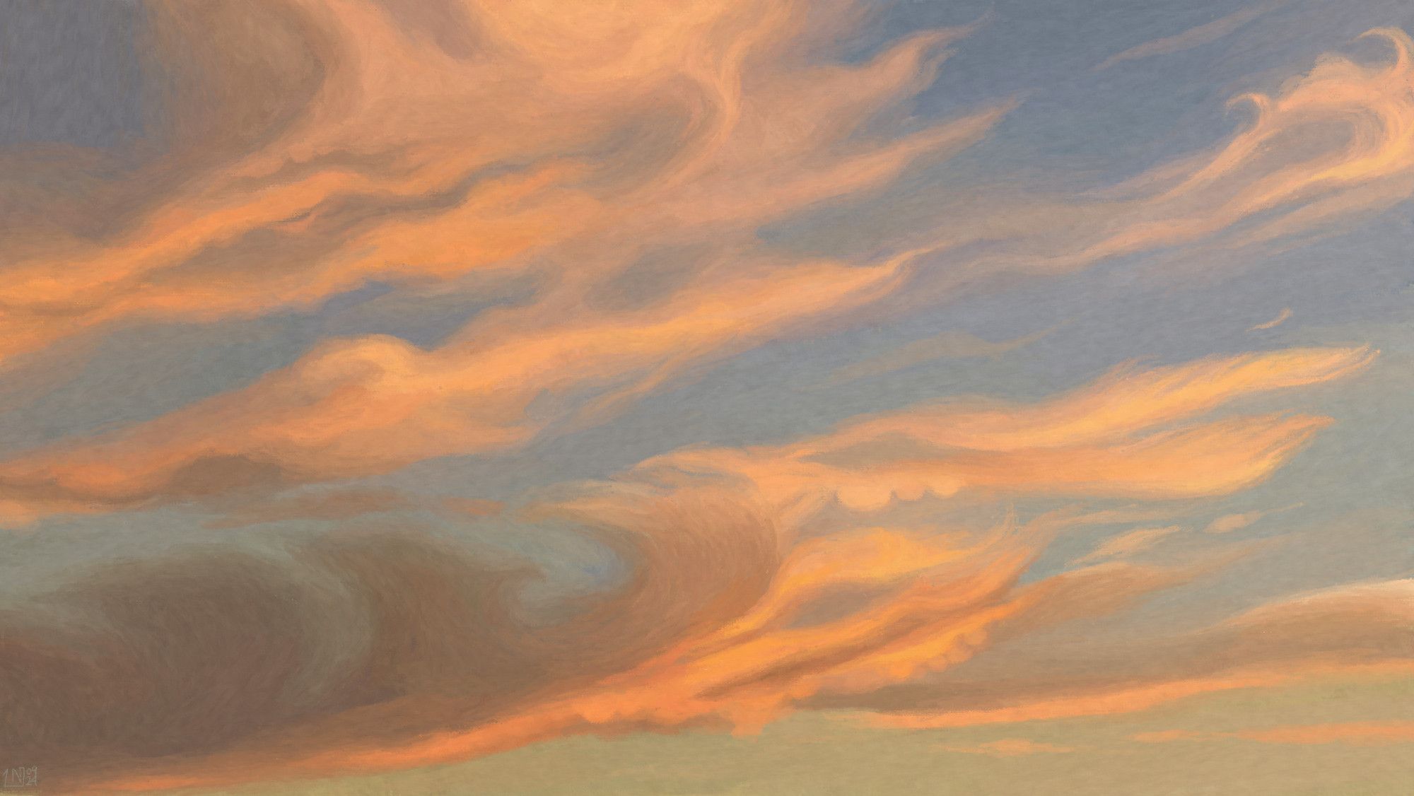 Digital painting of a sunrise sky, pale blue with yellow undertones, covered in long, straggly clouds that are lit a pastel orange.